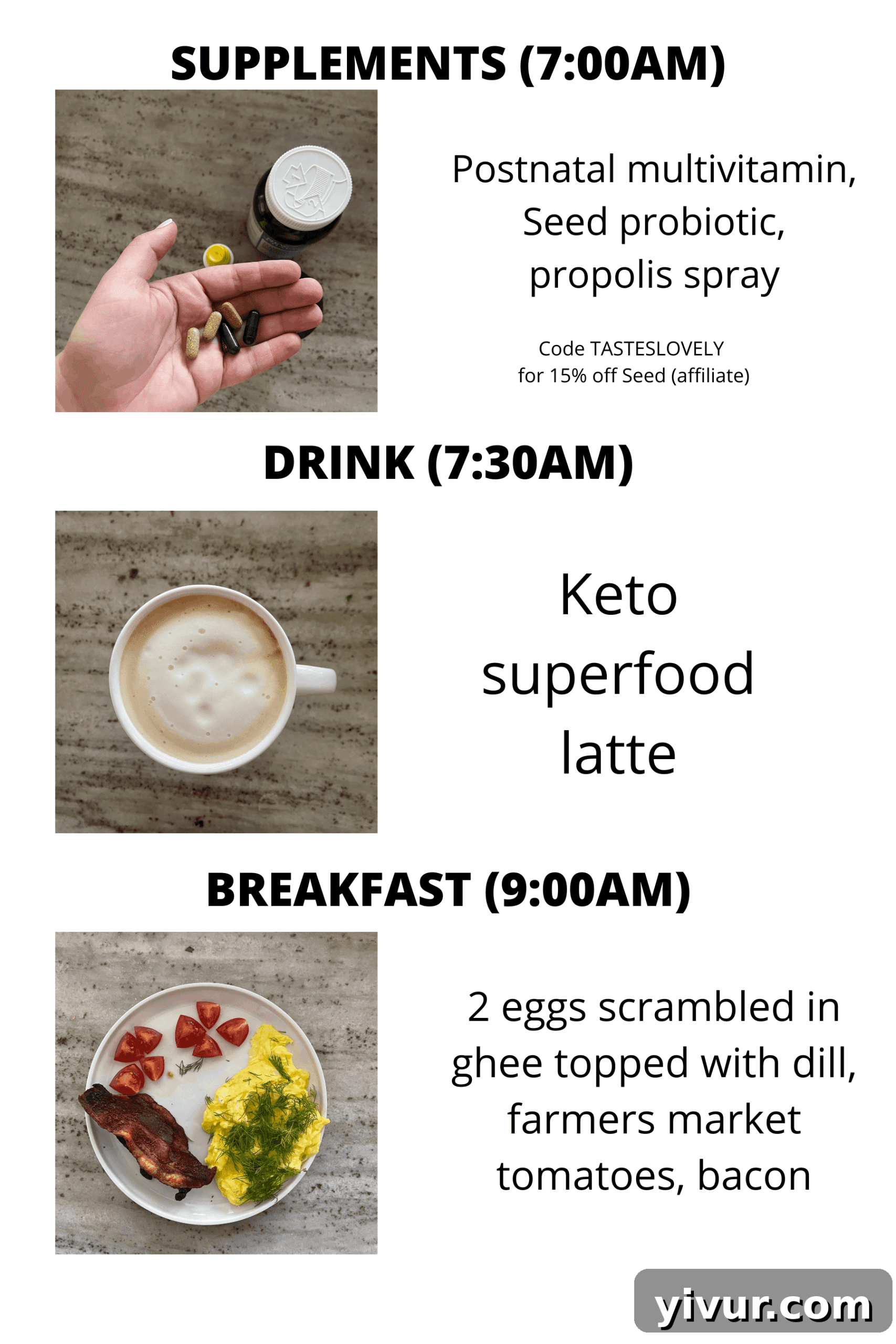 Morning supplements including multivitamin, probiotic, throat spray, and a keto superfood latte