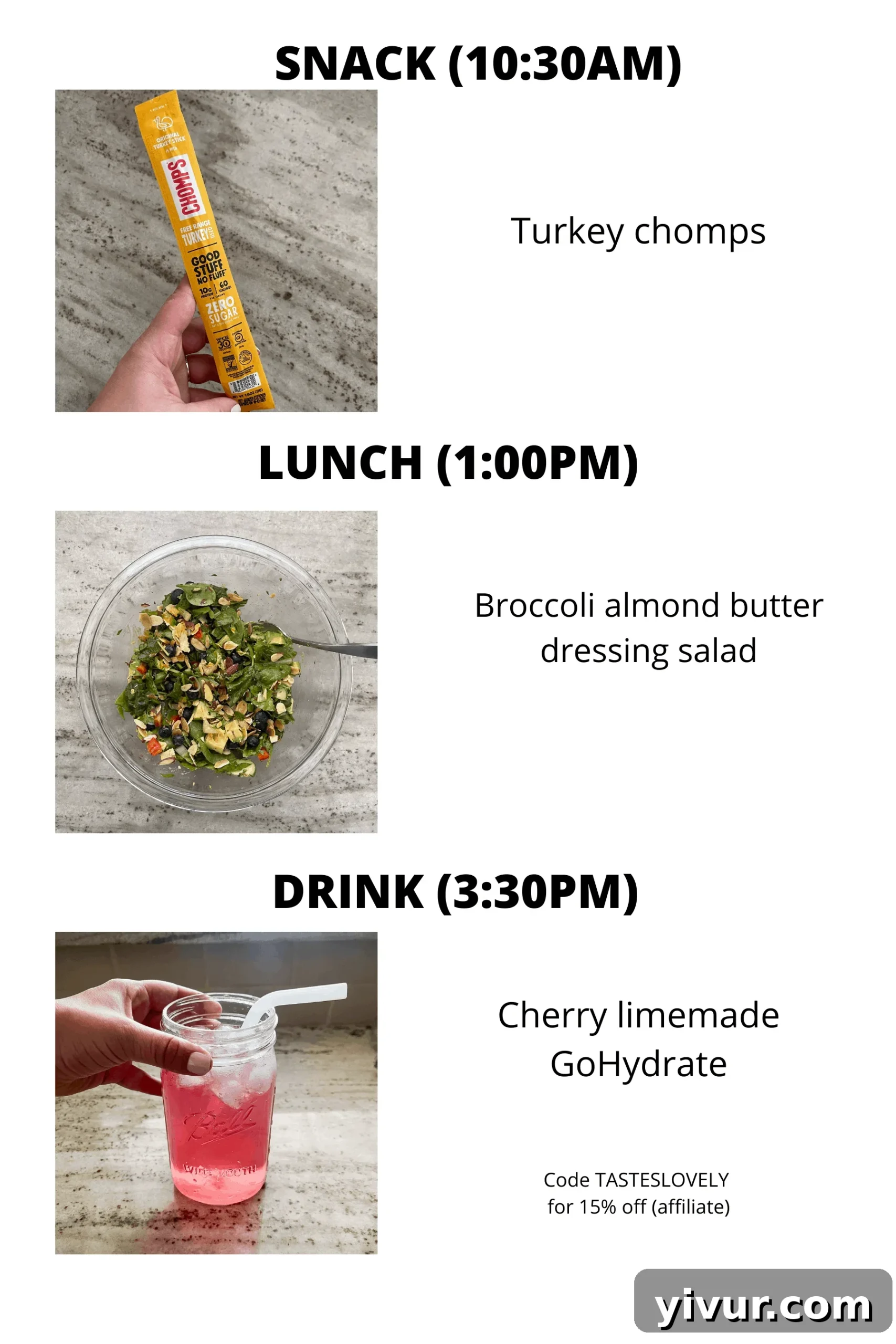 Chomps, keto broccoli salad, and GoHydrate for a nutritious lunch