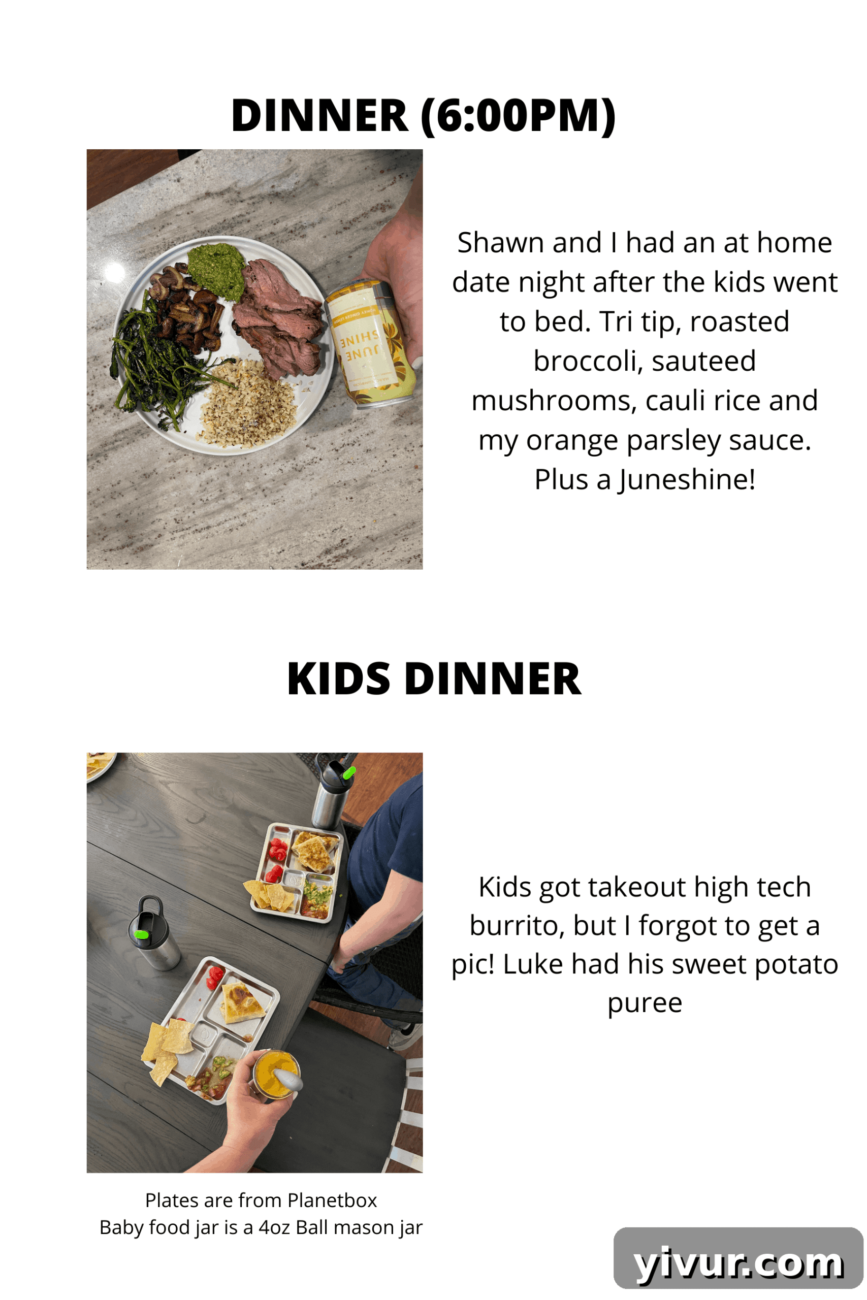 Tri-tip with orange parsley sauce, sauteed mushrooms, roasted broccoli, and cauliflower rice