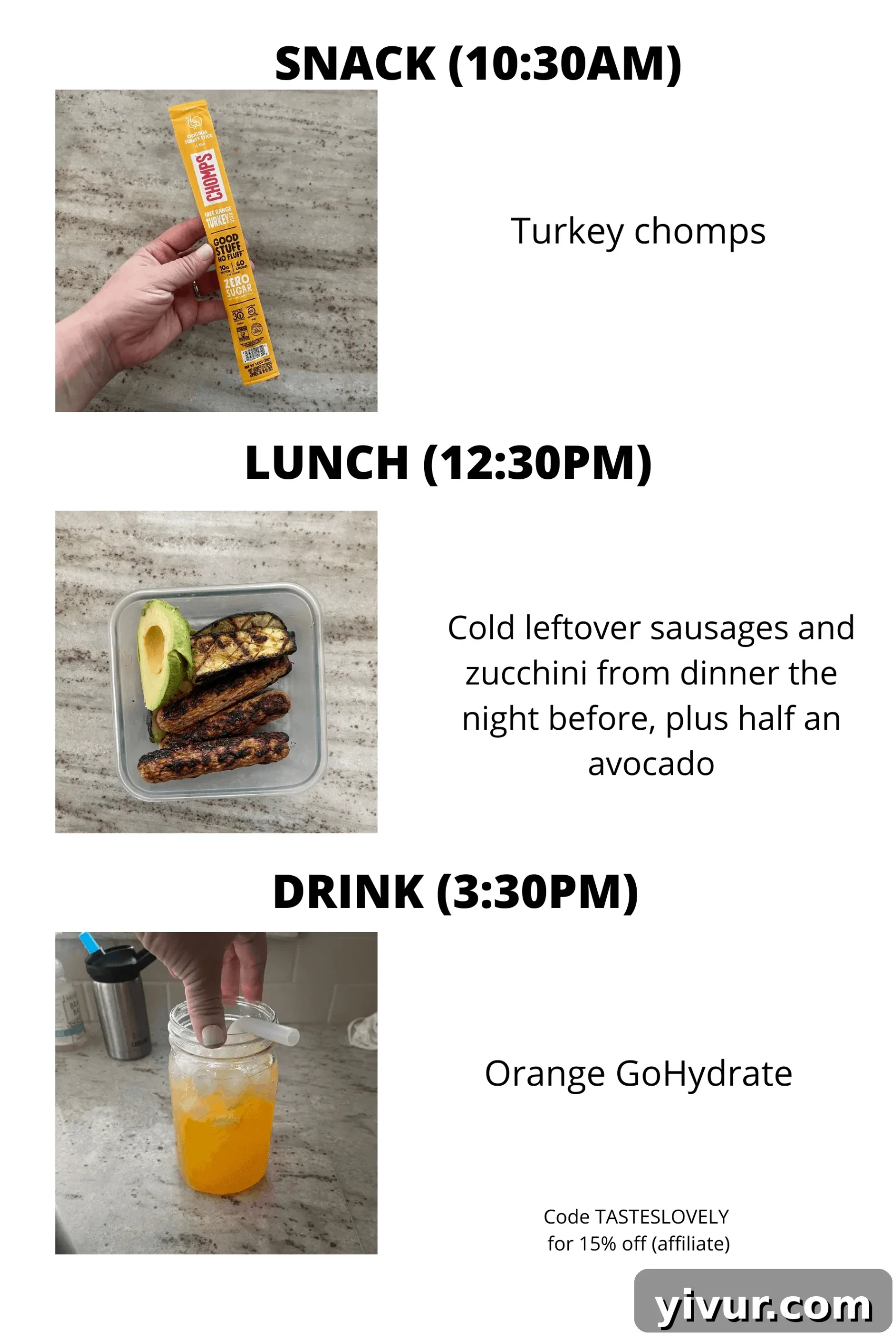 Protein-packed Chomps meat stick and GoHydrate drink for an afternoon snack