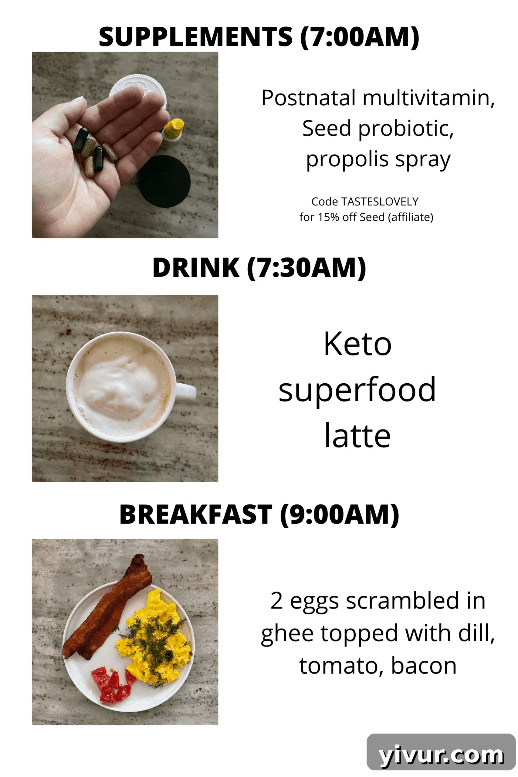 Morning routine with supplements and keto superfood latte