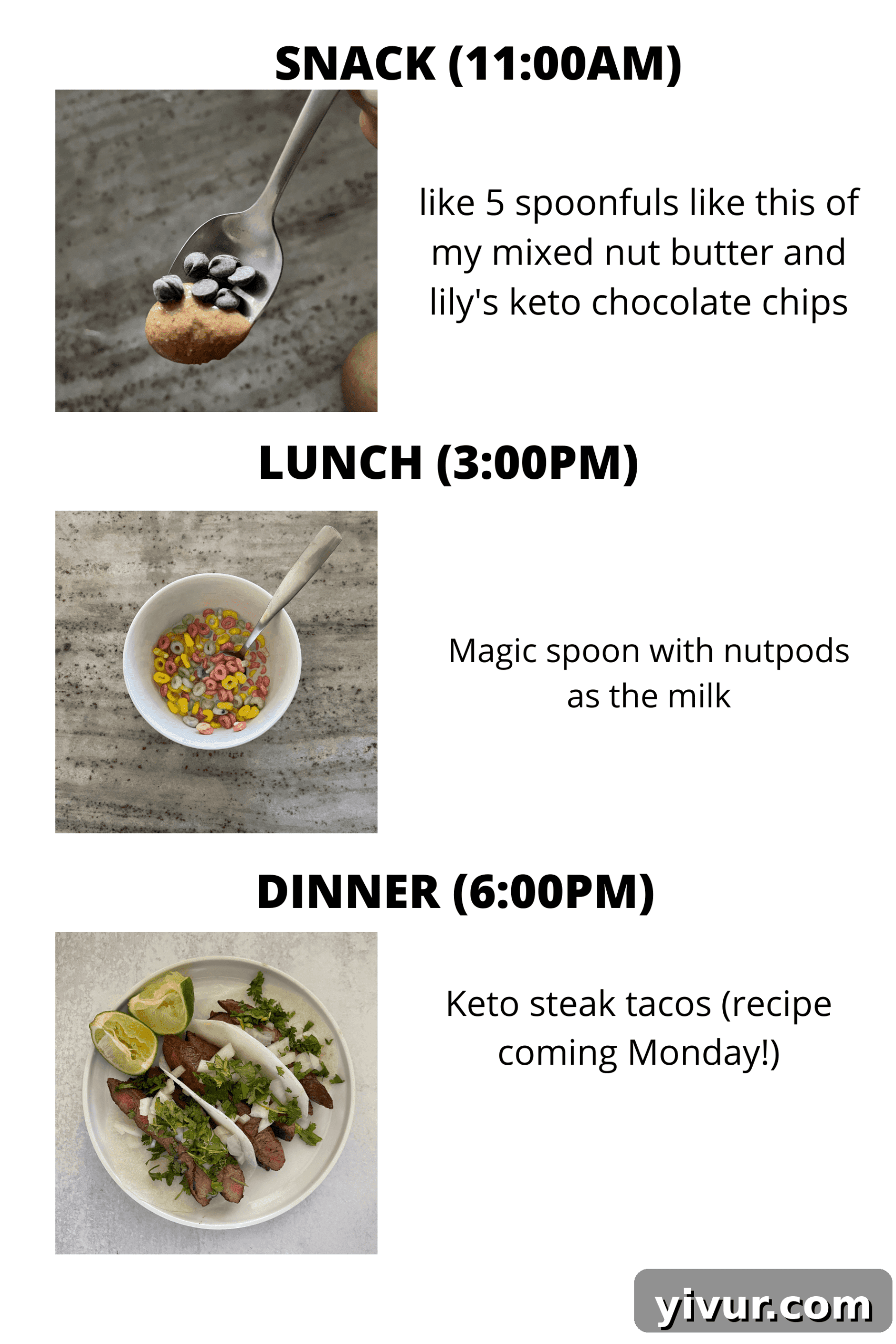 Mixed nut butter, Lily's chocolate chips, and Magic Spoon cereal