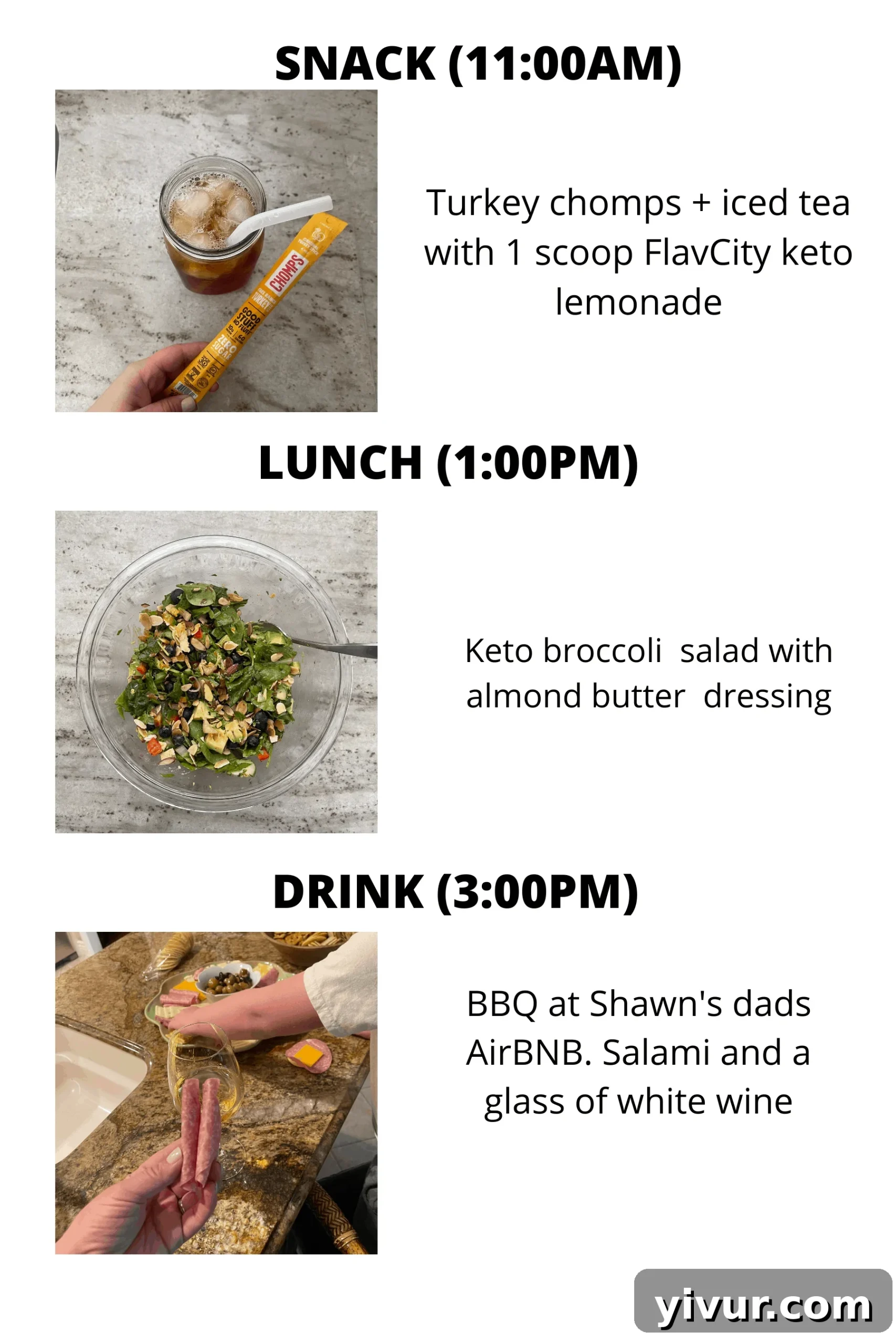 Chomps, FlavCity keto lemonade, and Keto Broccoli Salad with Almond Butter Dressing