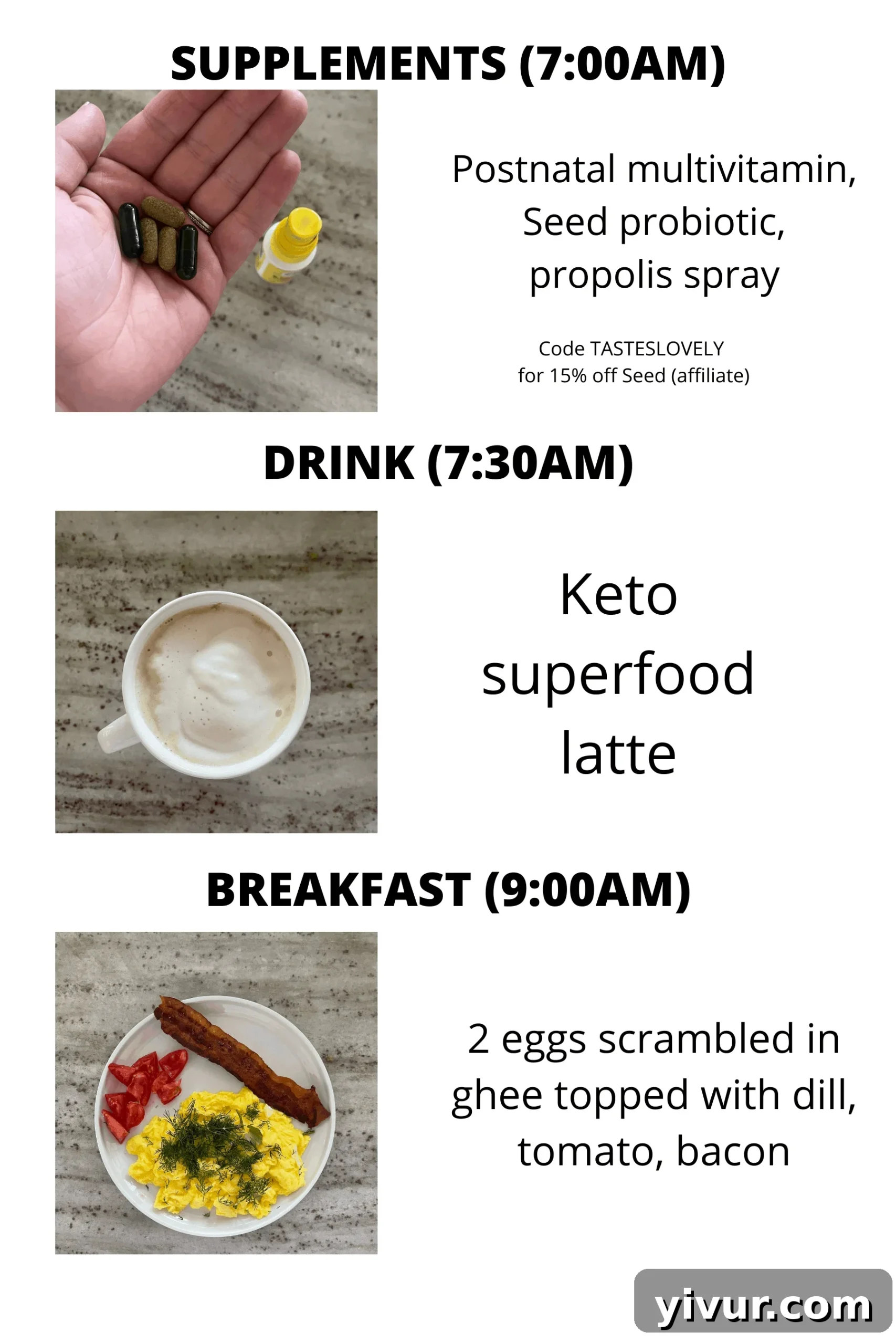Morning health essentials including supplements and a keto superfood latte