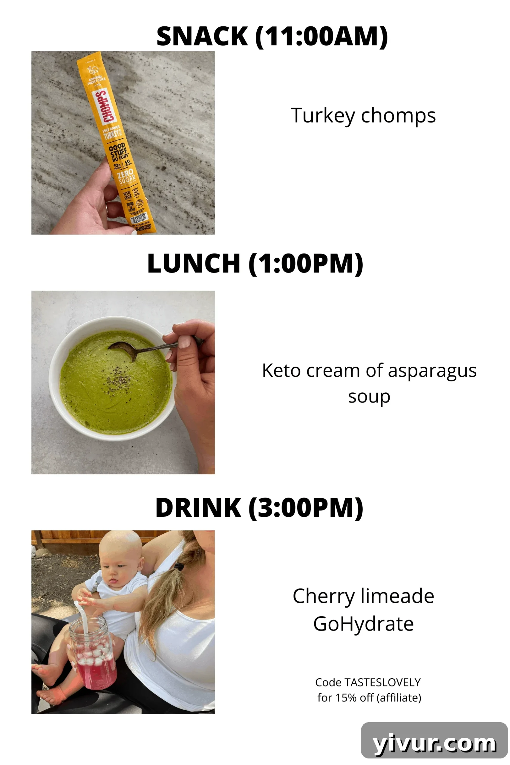 Chomps, keto cream of asparagus soup, and GoHydrate for a wholesome lunch