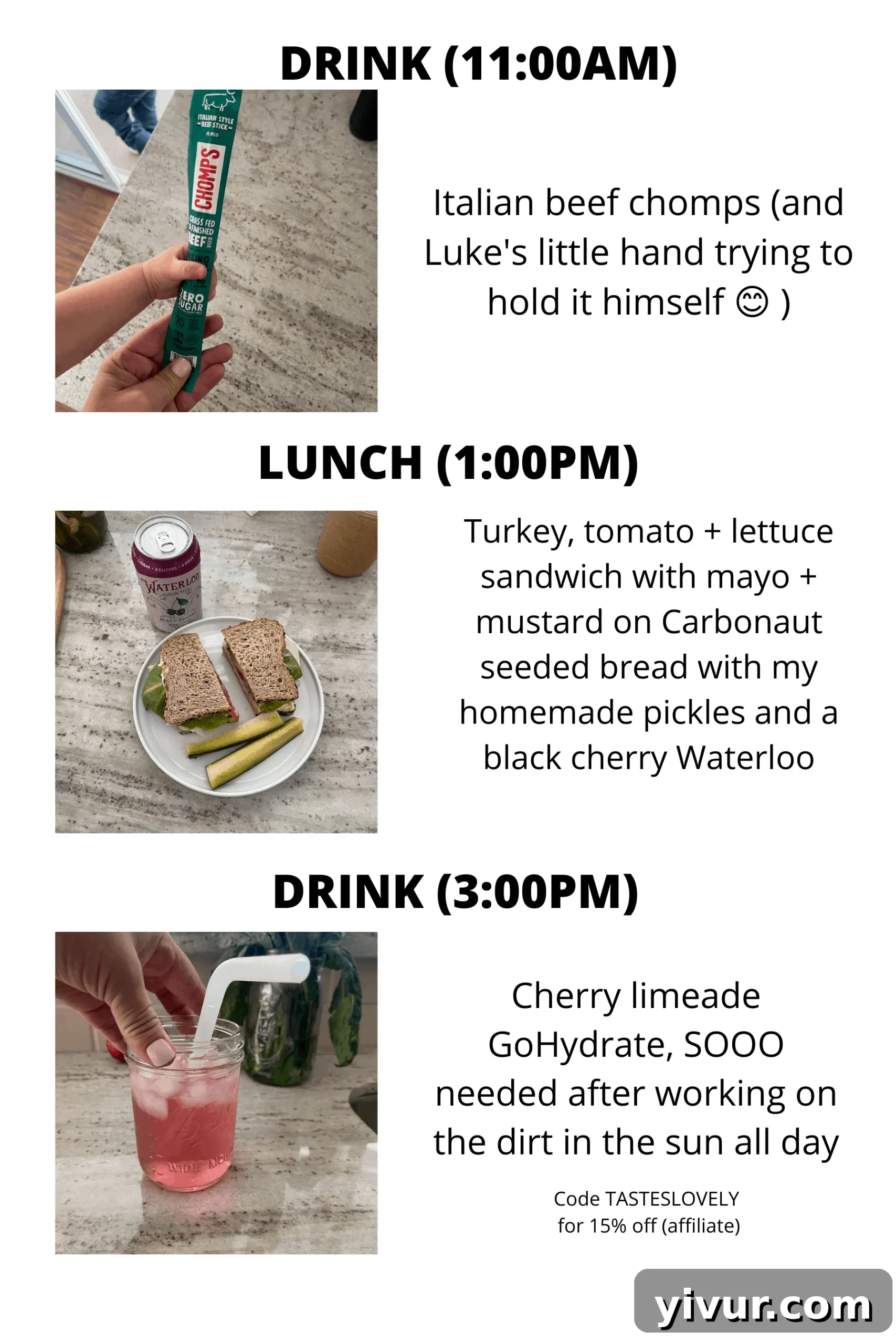 Chomps, mayonnaise, homemade pickles, and GoHydrate