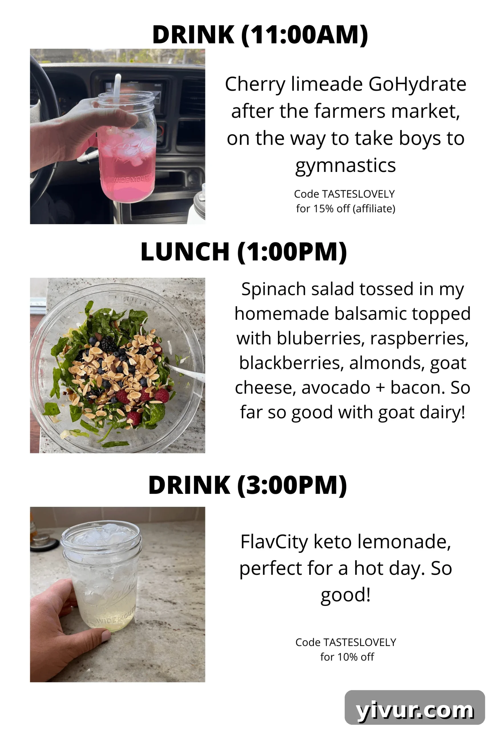 GoHydrate, keto balsamic dressing, and FlavCity keto lemonade