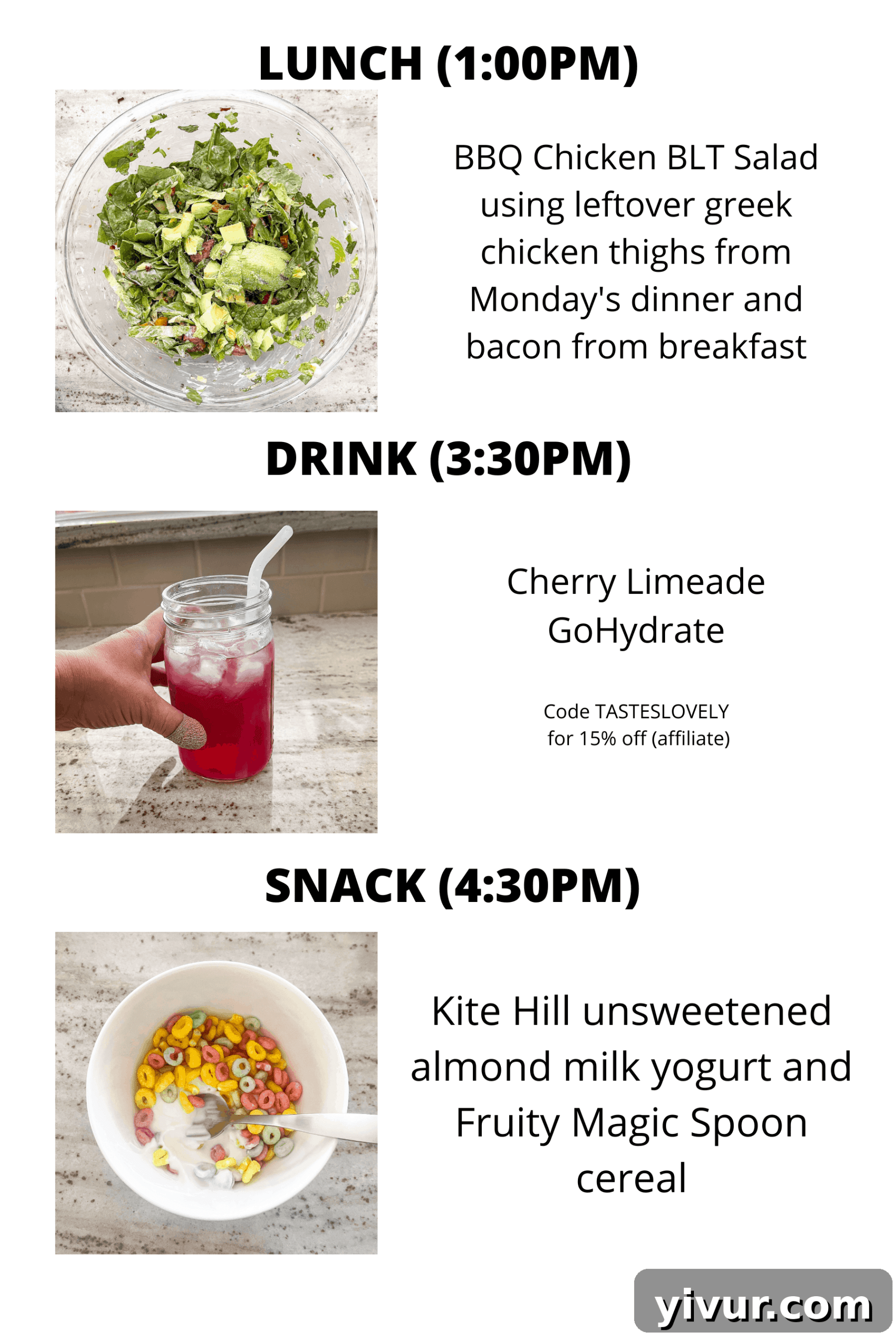 Keto BBQ Chicken BLT Salad, GoHydrate, and Magic Spoon Cereal