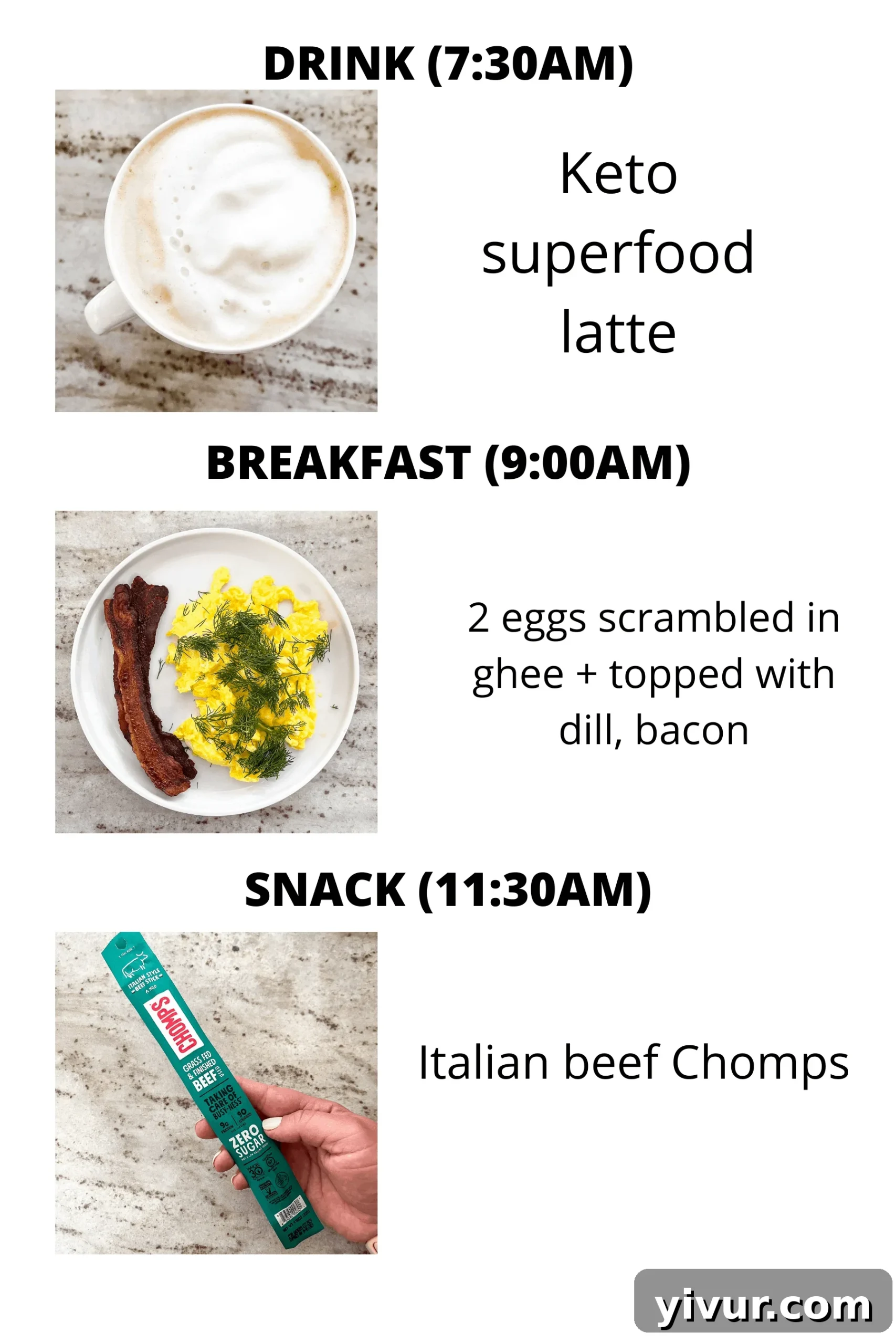 Keto superfood latte and Chomps for a quick breakfast