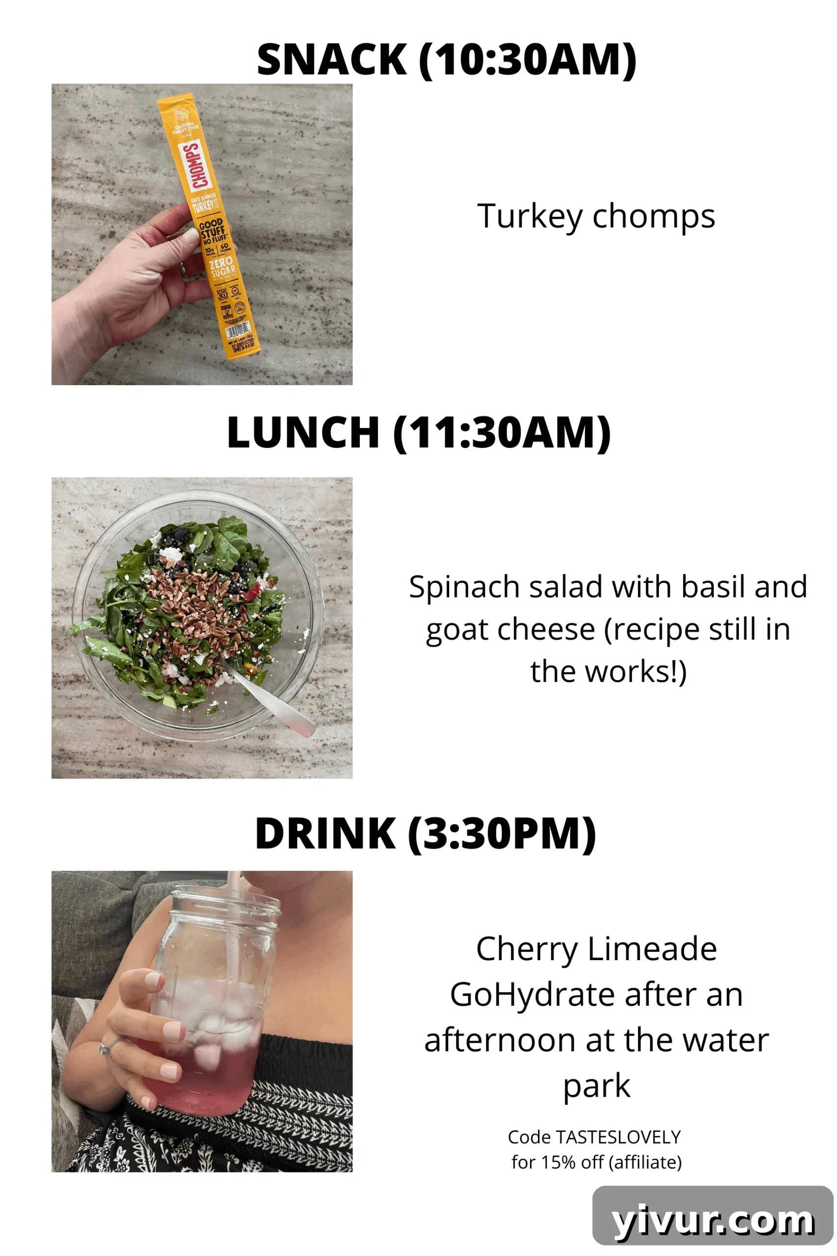 Chomps snack and GoHydrate for electrolyte replenishment