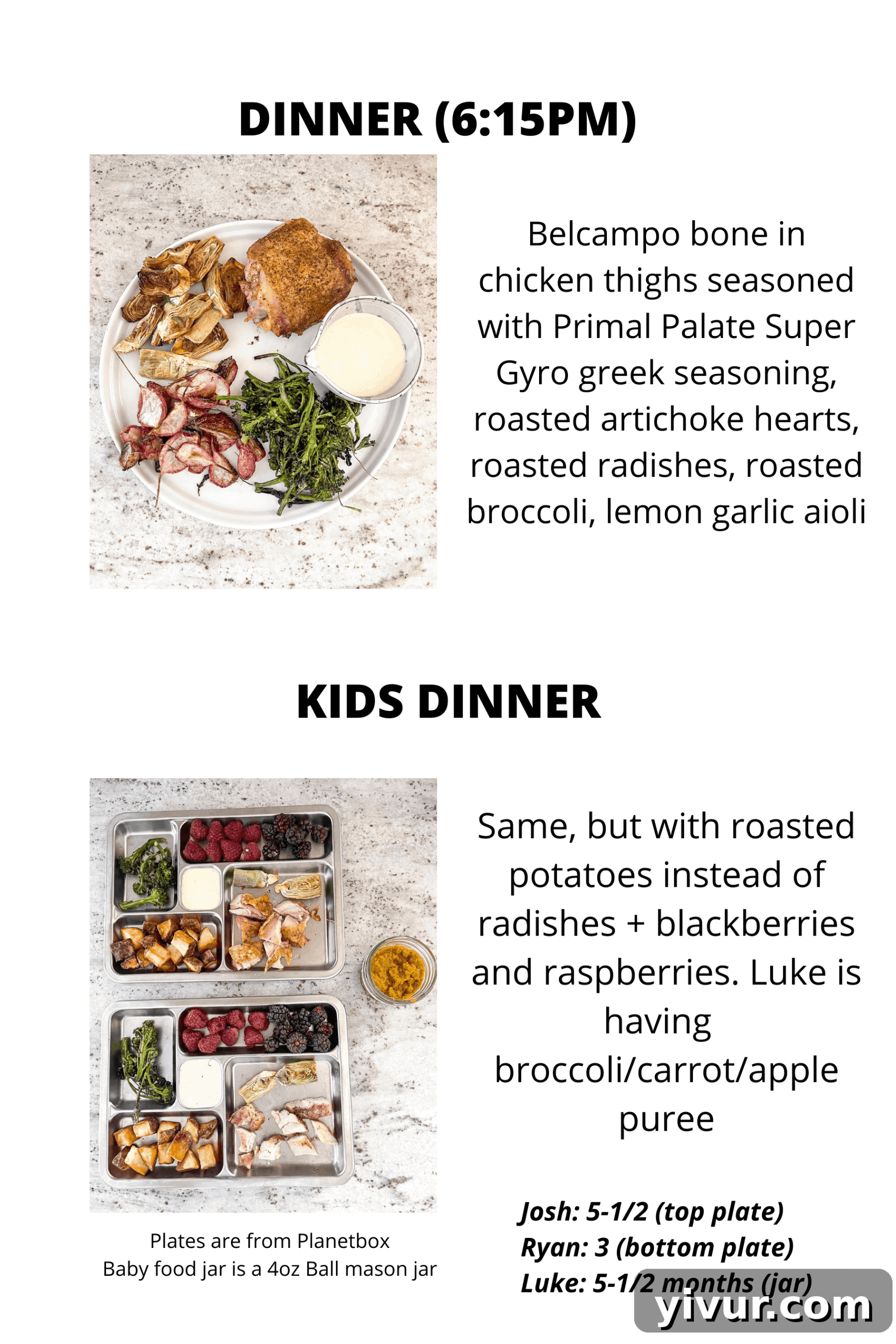 Belcampo meal with roasted artichokes, radishes, broccoli, lemon garlic aioli, and roasted potatoes