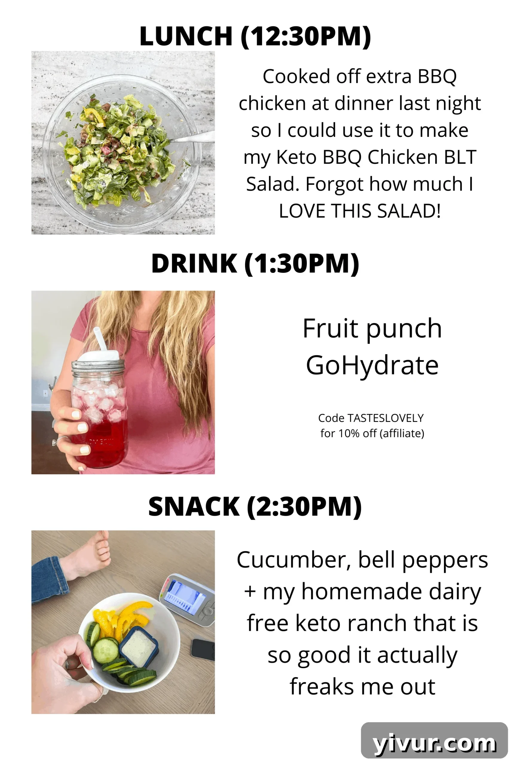 Keto BBQ Chicken BLT Salad, GoHydrate, Homemade dairy-free ranch dressing, Keto Sheet Pan Jerk Chicken with Garlic Lime Aioli, cauliflower rice, and roasted potatoes