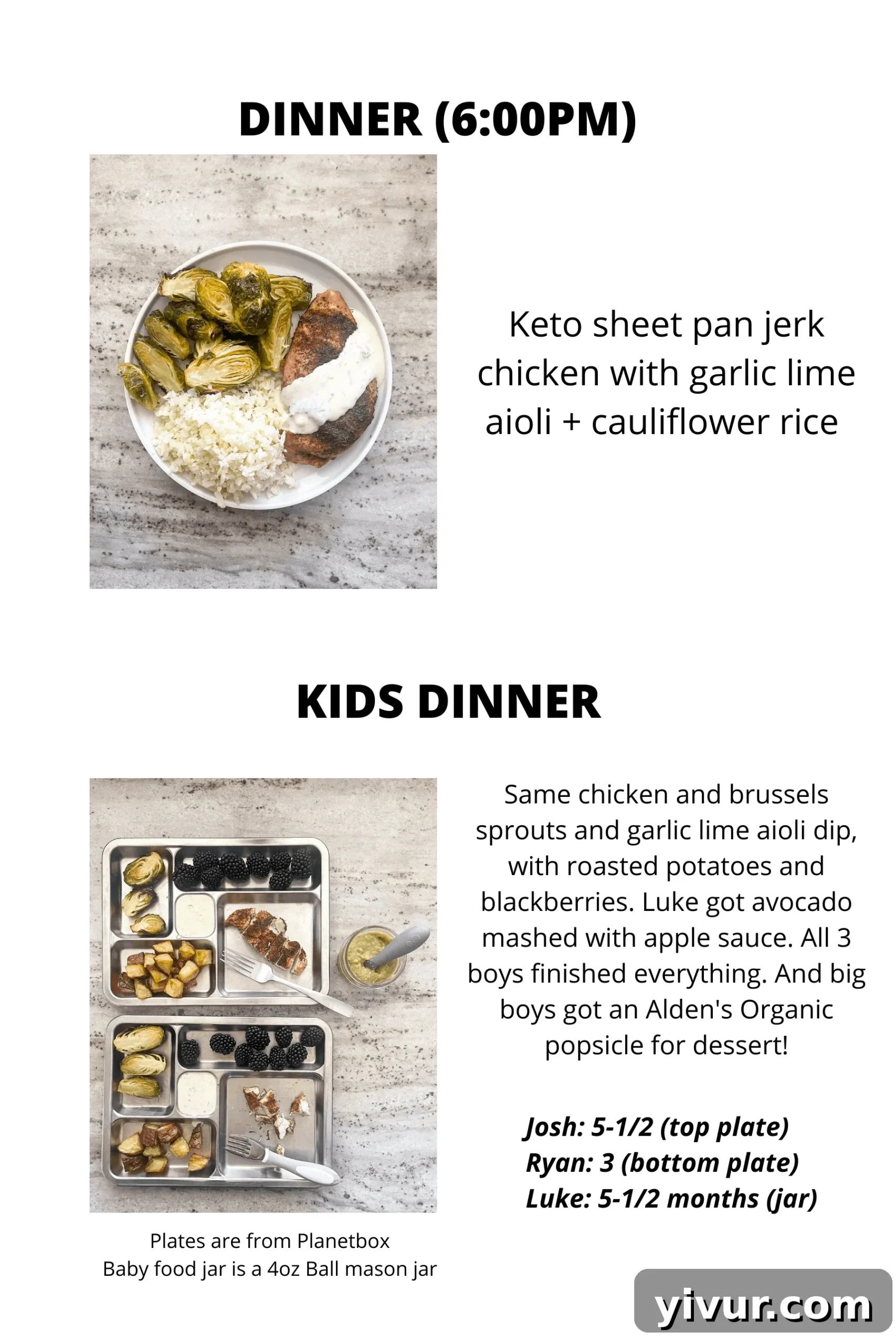 Keto Sheet Pan Jerk Chicken with Garlic Lime Aioli, cauliflower rice, and roasted potatoes