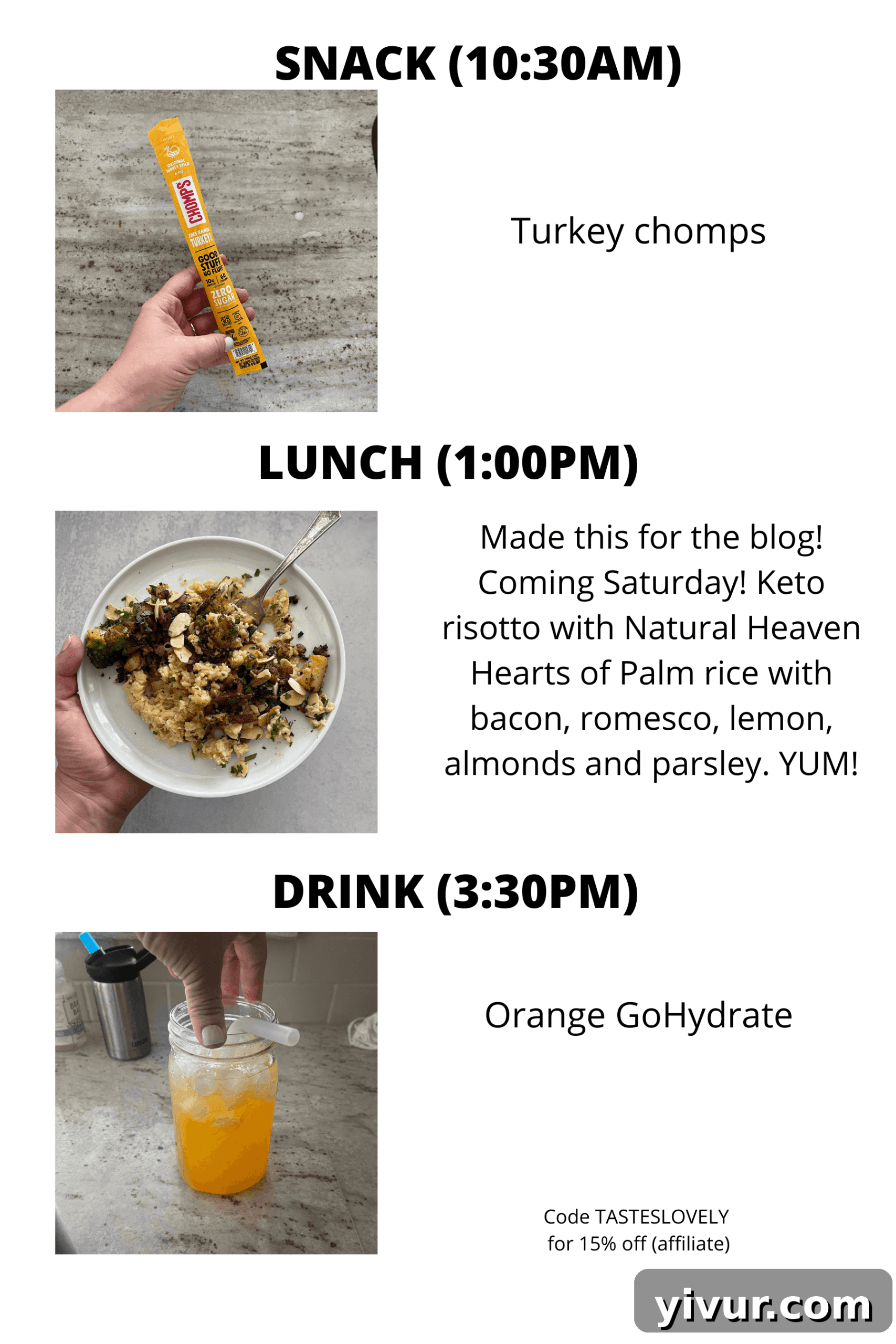 Hearts of palm rice, Chomps, and GoHydrate for a keto-friendly lunch