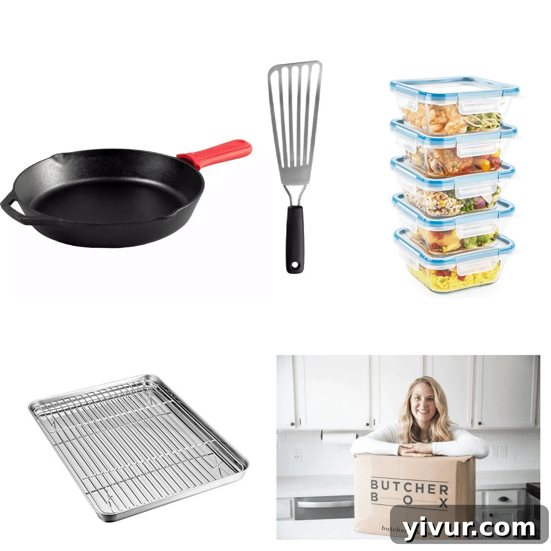 A collection of essential kitchen tools for cooking salmon, including a cast iron skillet, fish spatula, and sheet pan.