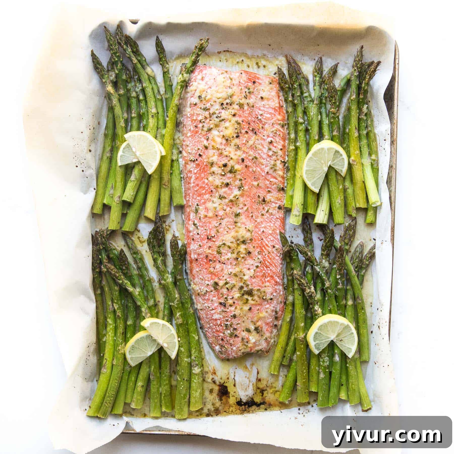 salmon and asparagus on a sheet pan