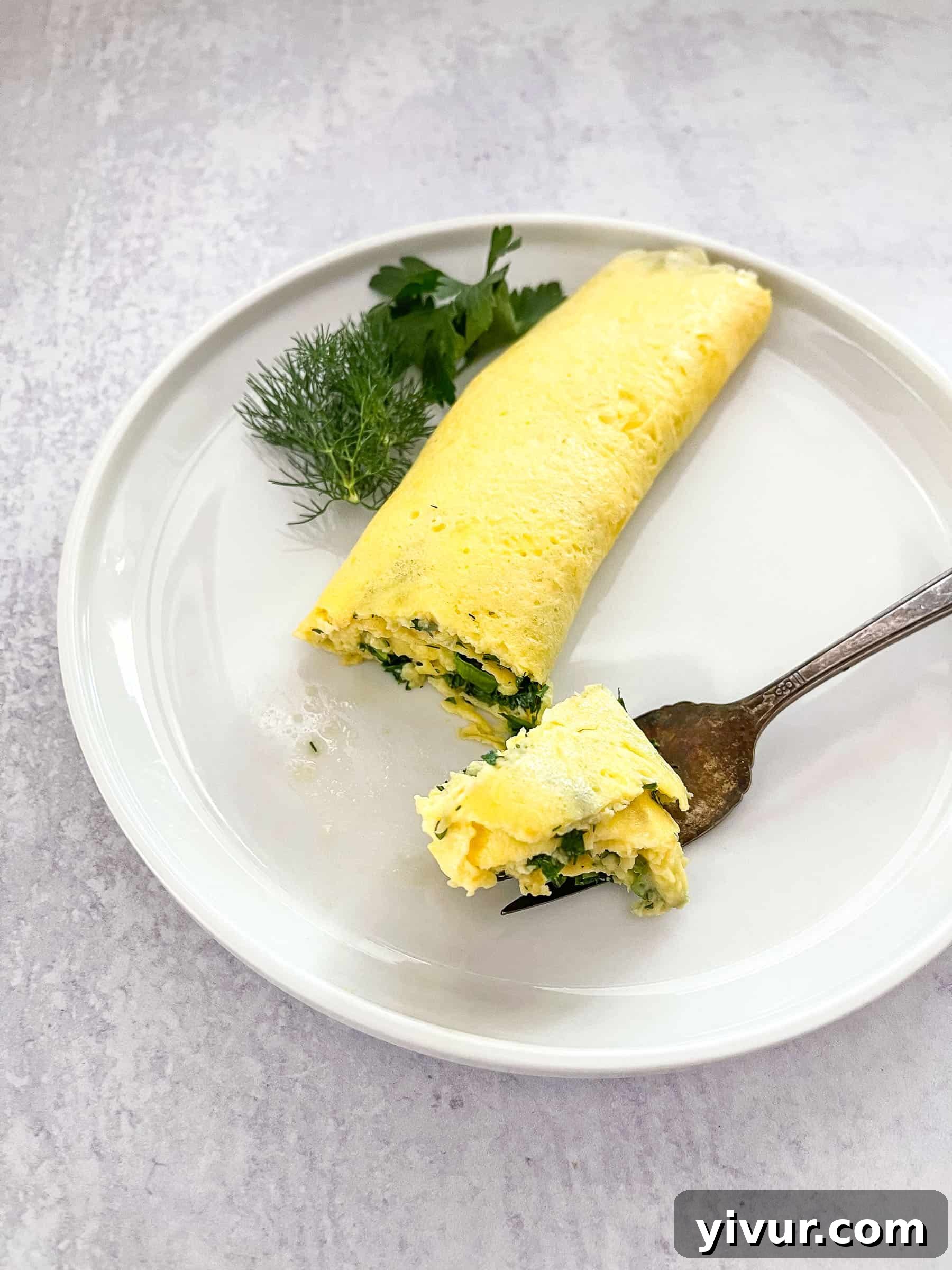 A close-up of a perfectly rolled Keto French Omelette on a clean white plate, artfully garnished with fresh dill, showcasing its smooth, unbrowned surface.