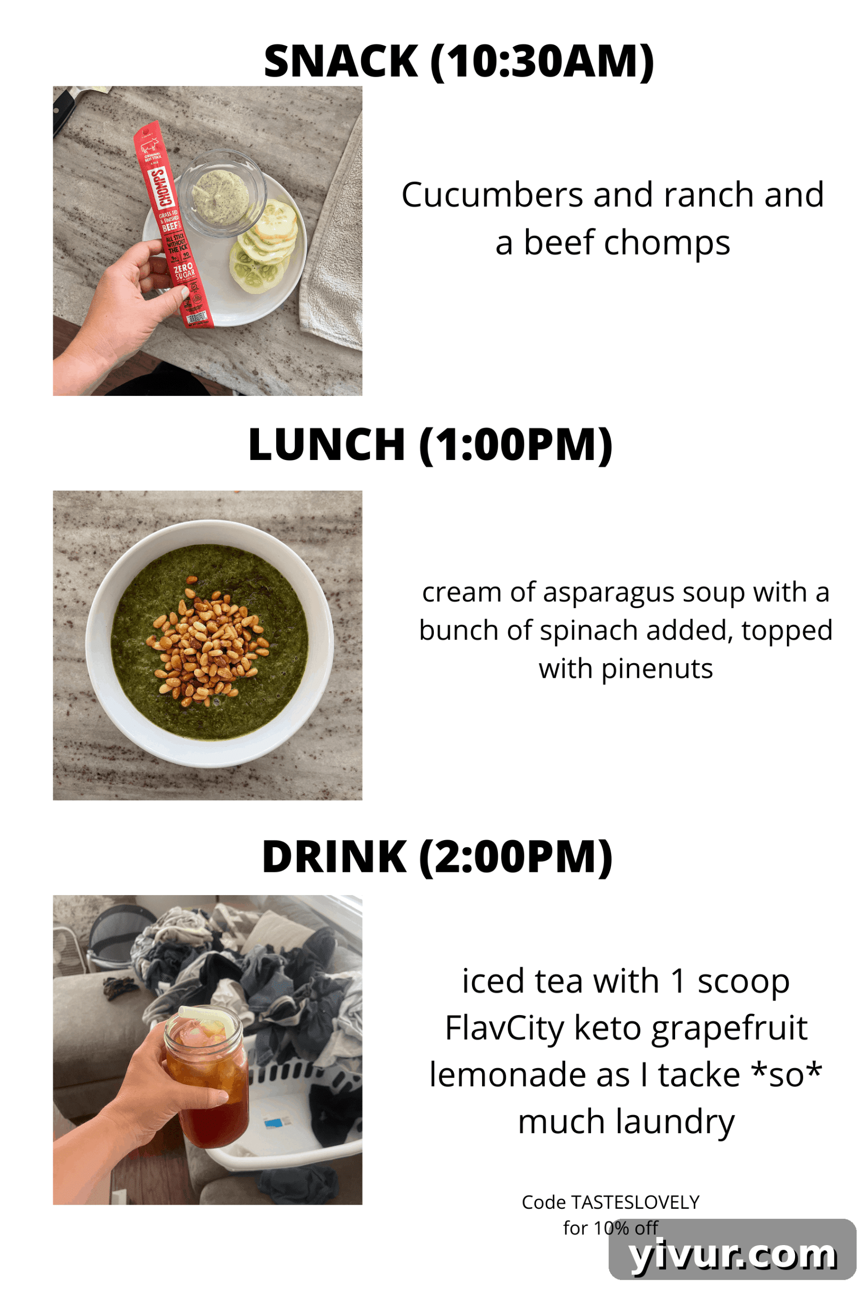 Keto cream of asparagus soup with Chomps and lemonade