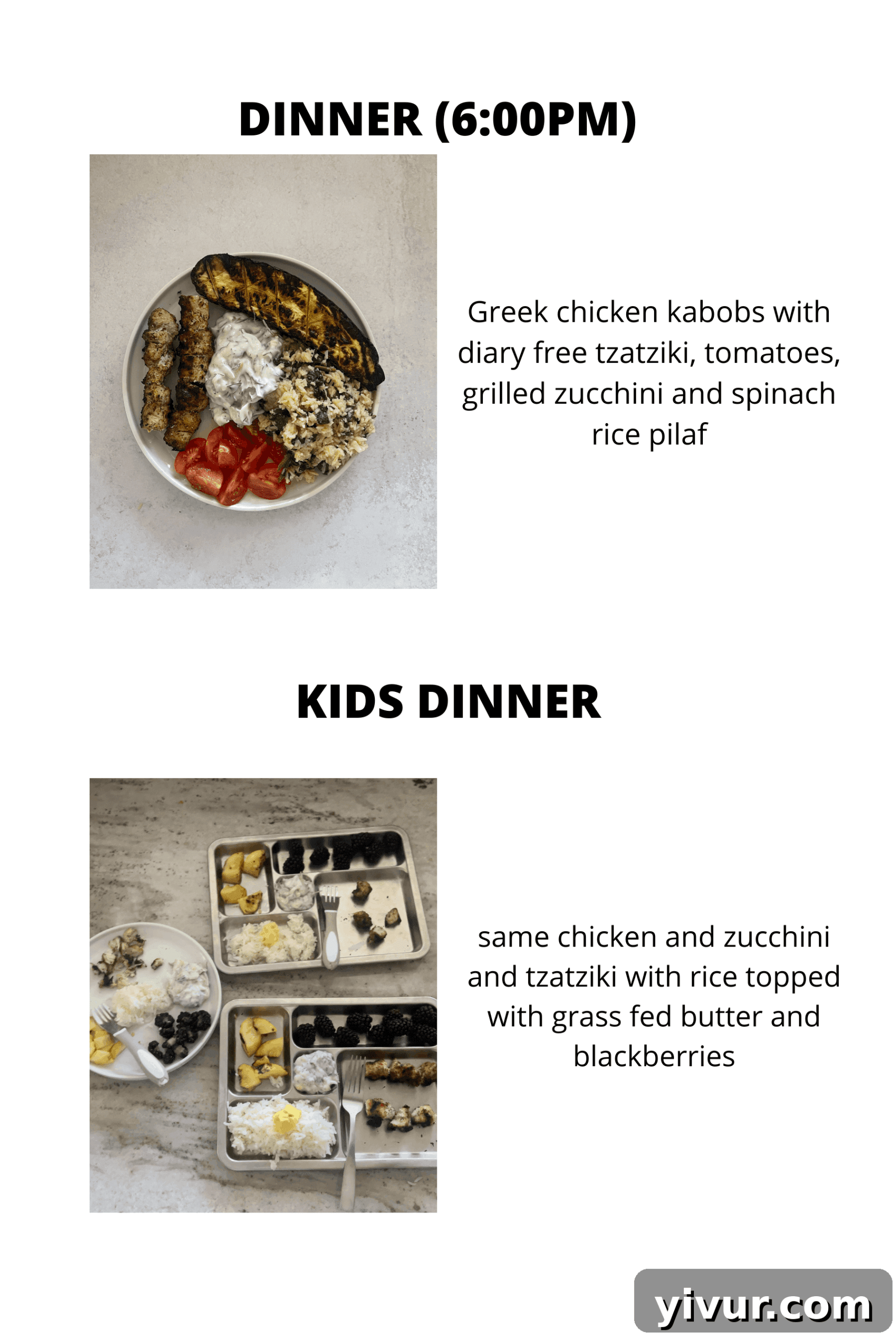 Greek chicken kabobs with tzatziki and spinach rice pilaf