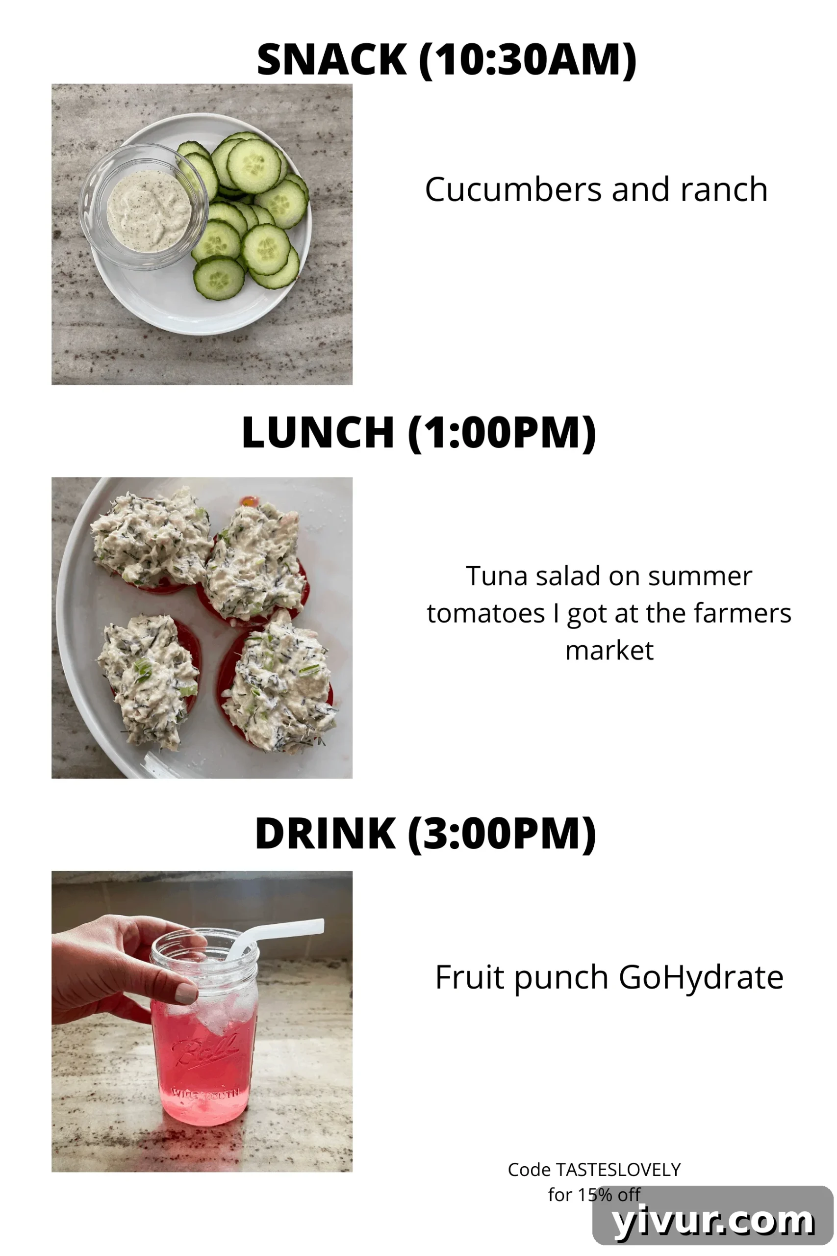 Keto tuna salad on tomatoes with ranch and hydrating drink