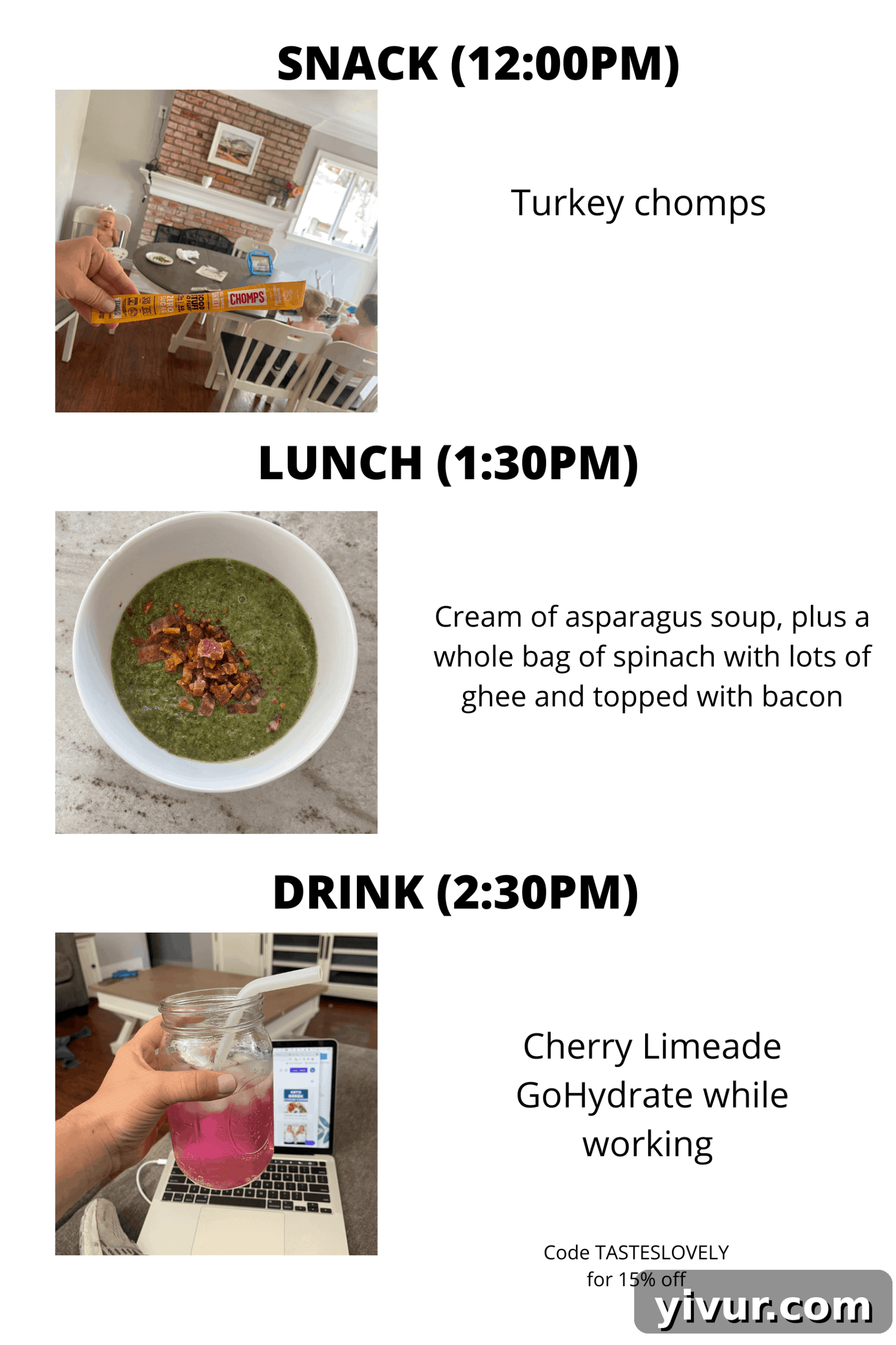 Keto soup, protein snack, and hydration drink