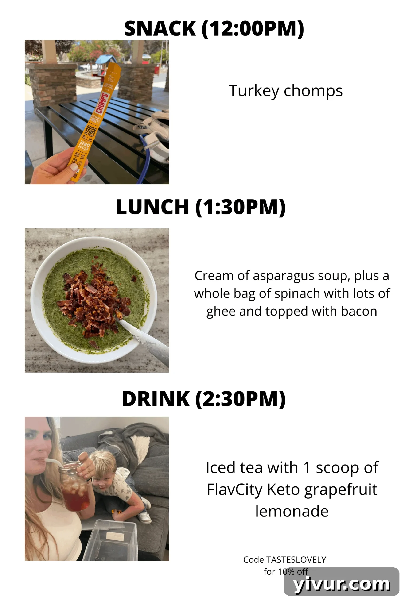 Keto asparagus soup, Chomps, and keto lemonade