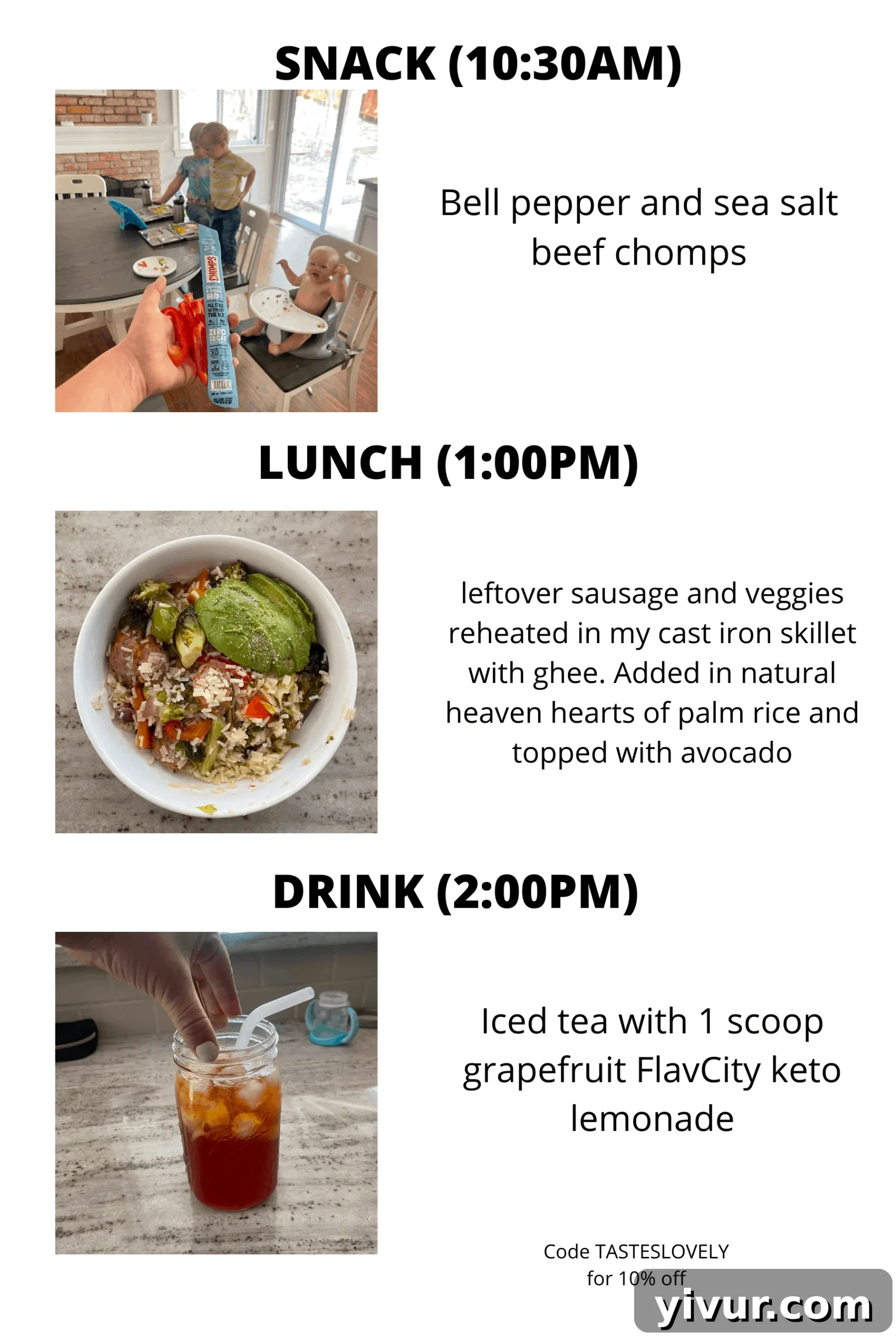 Keto sheet pan sausage and veggies with hearts of palm rice and lemonade