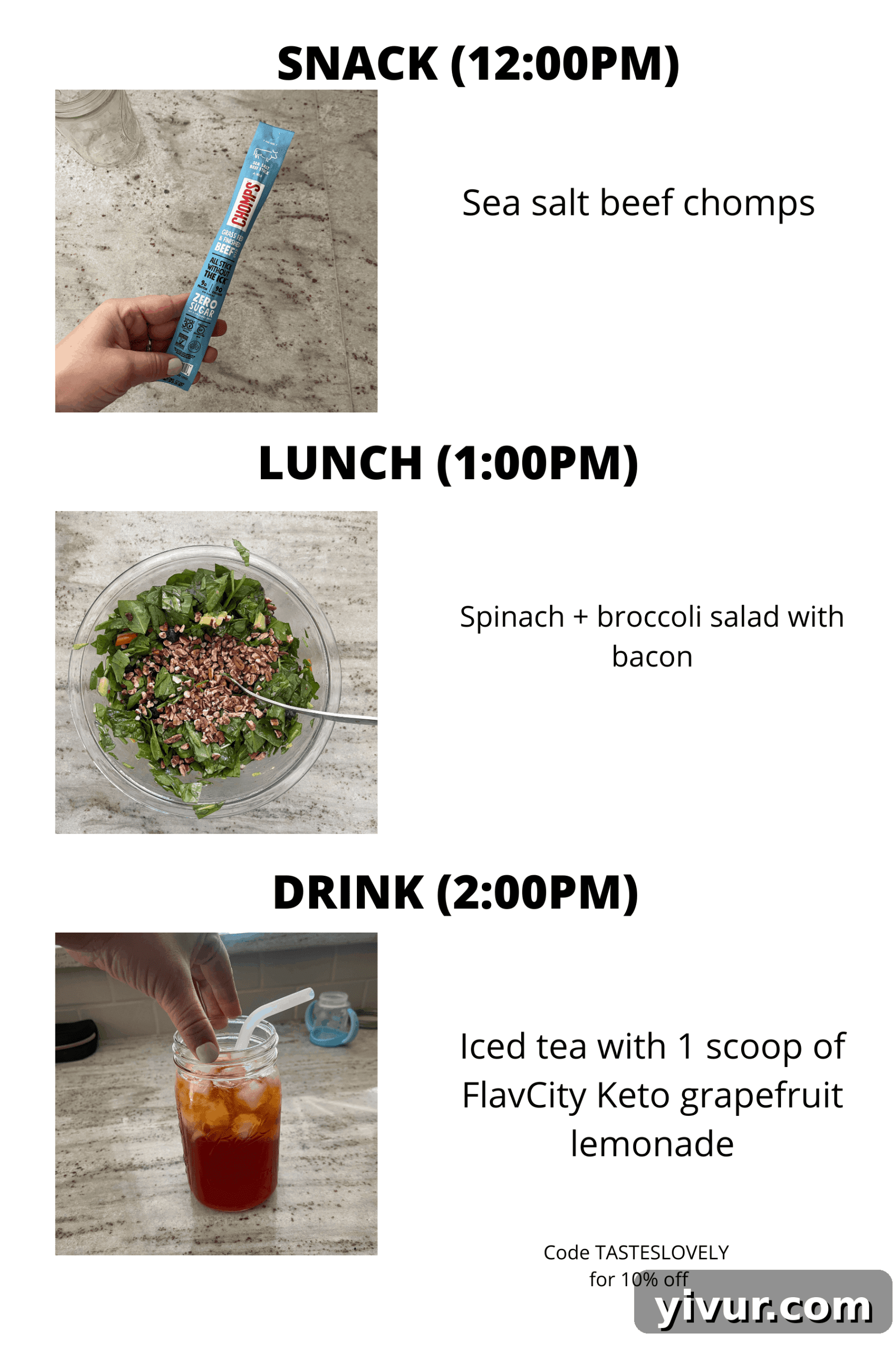 Keto spinach and broccoli salad with Chomps and lemonade