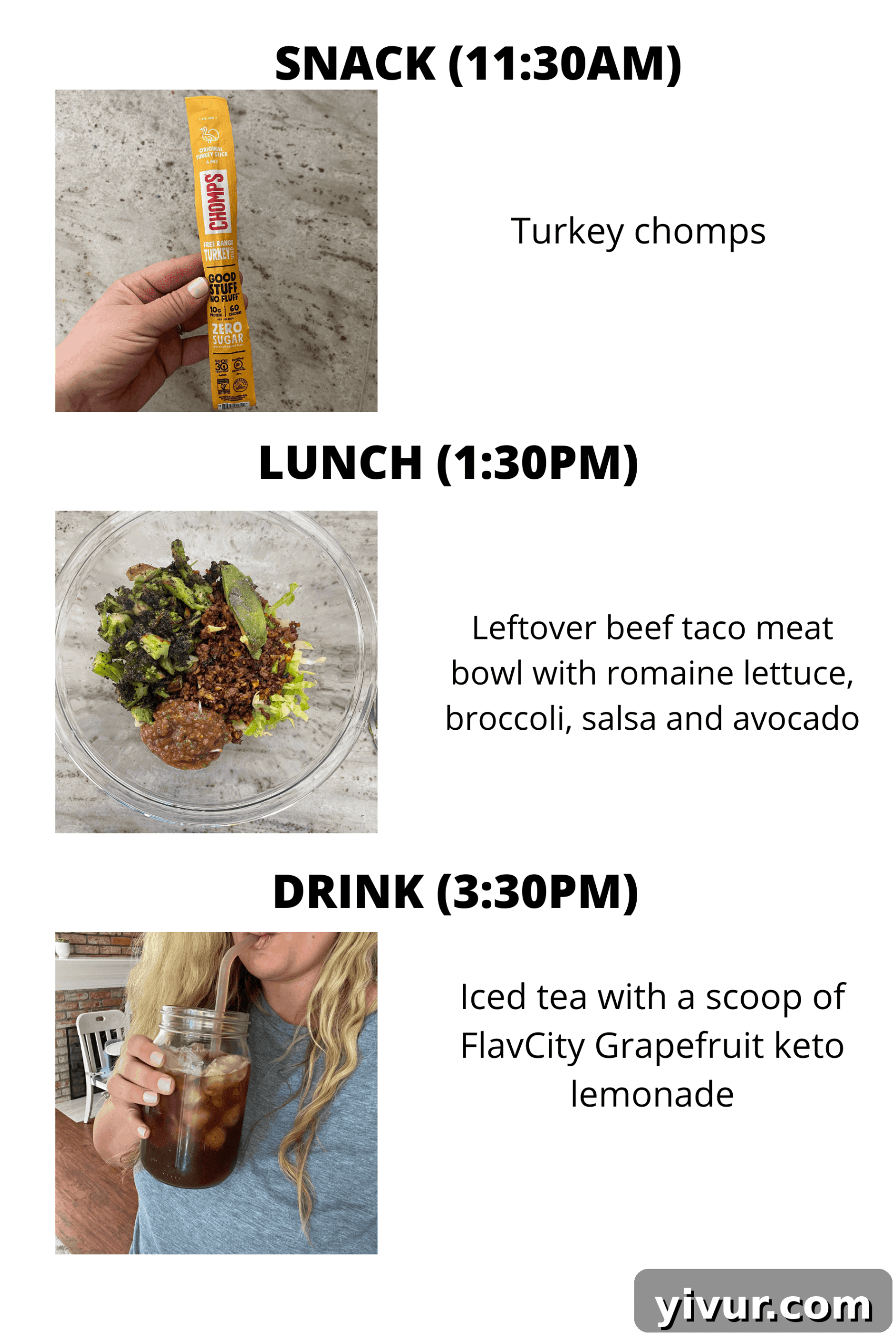 Ground beef taco meat with salsa, Chomps, and keto lemonade