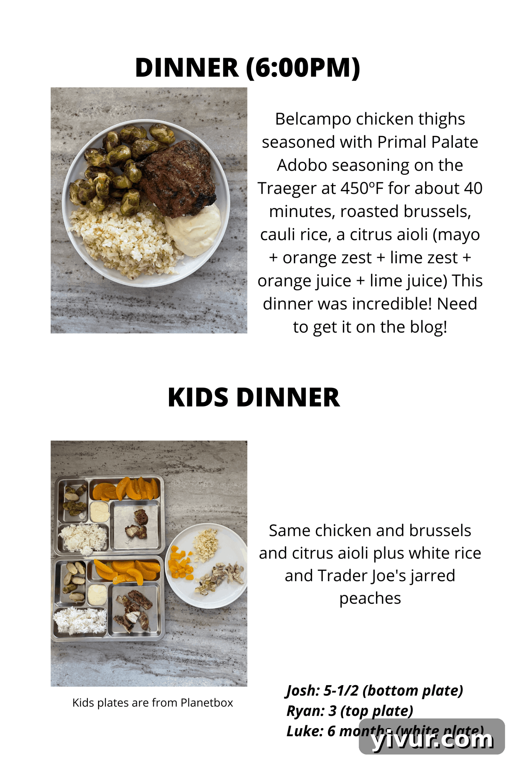 Belcampo meat with adobo seasoning, roasted Brussels sprouts, cauliflower rice, and mayo