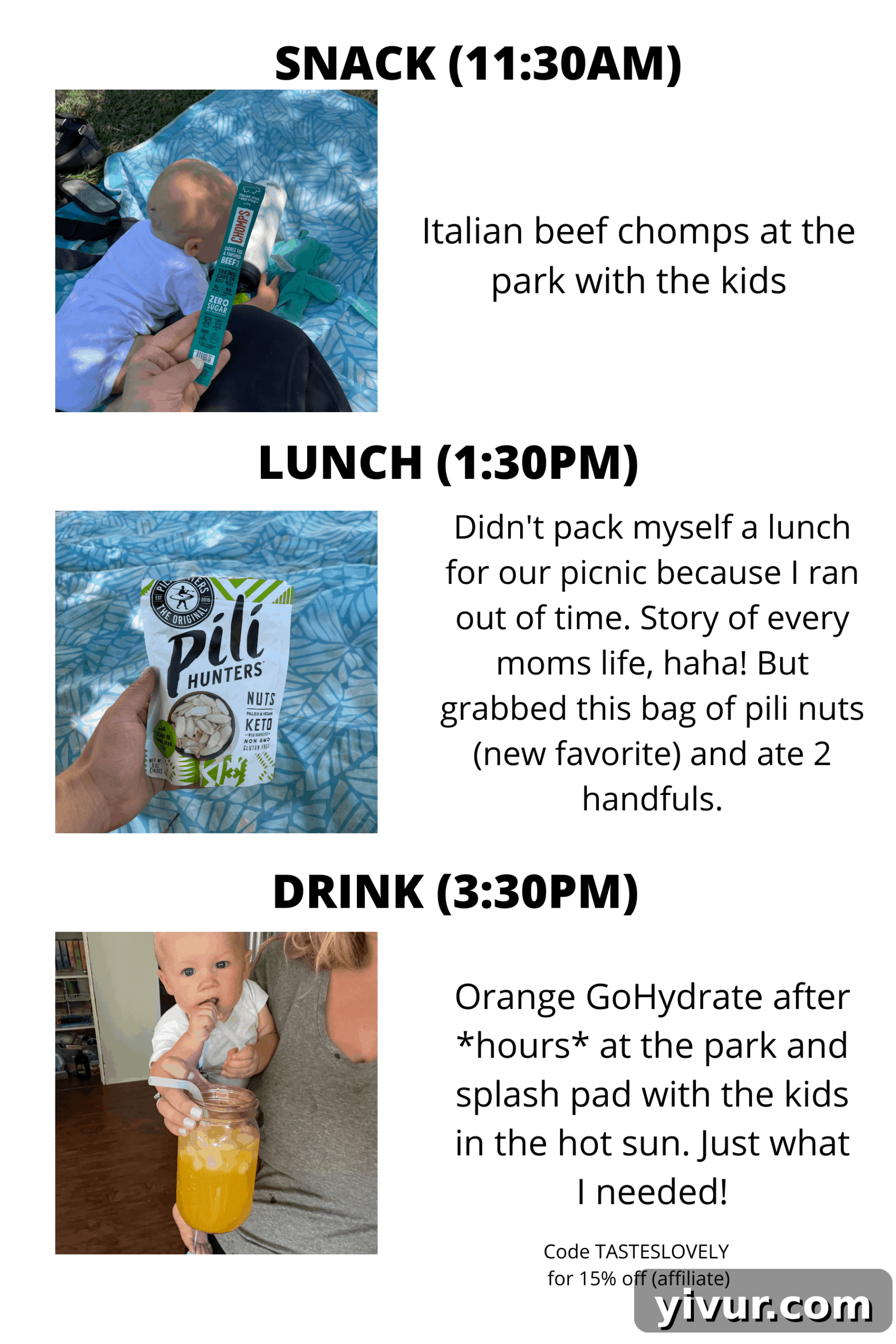 Chomps, Pili nuts, and GoHydrate for a keto-friendly lunch