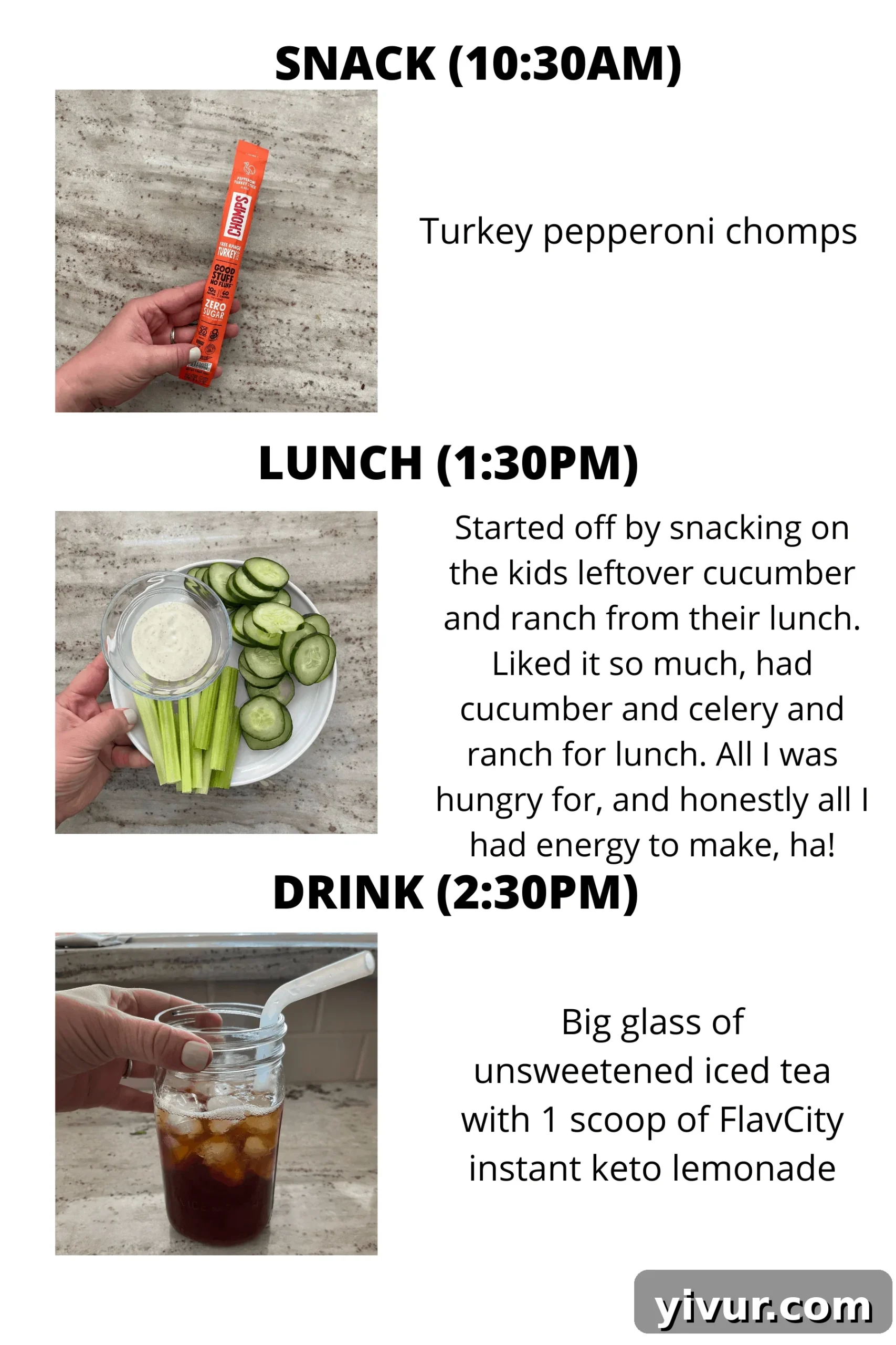 Chomps, ranch dressing, and FlavCity keto lemonade