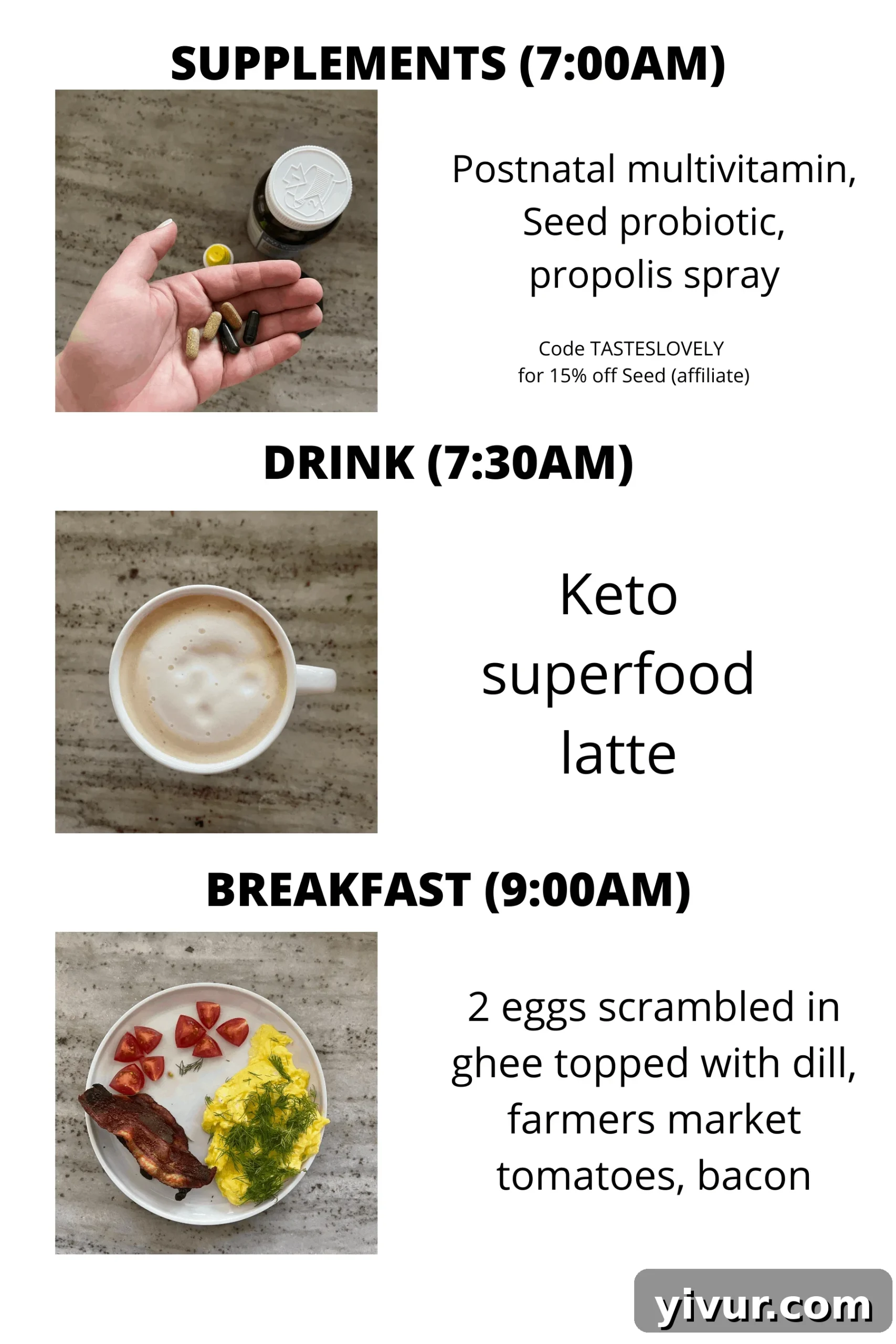 First day of August with morning supplements and keto latte