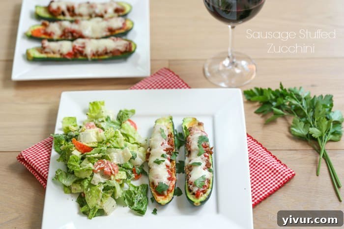 Sausage Stuffed Zucchini, cooked and ready to serve