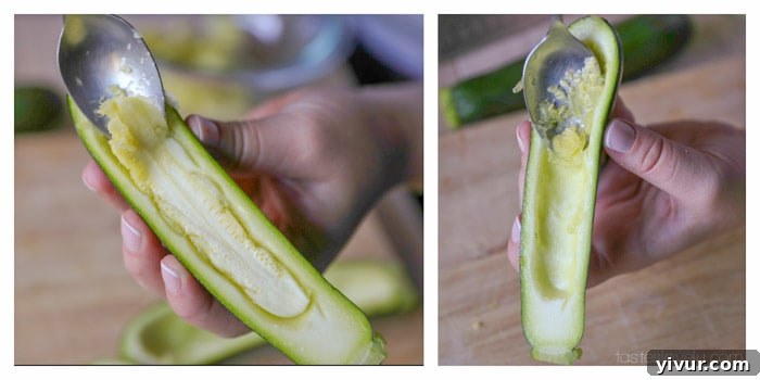 Close-up of a scooped out zucchini half