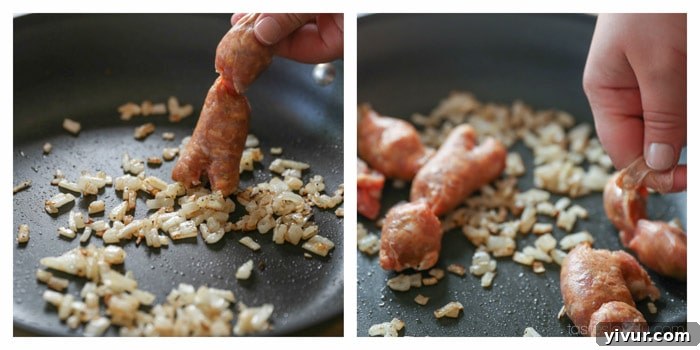 Sausage cooking in a pan with onions