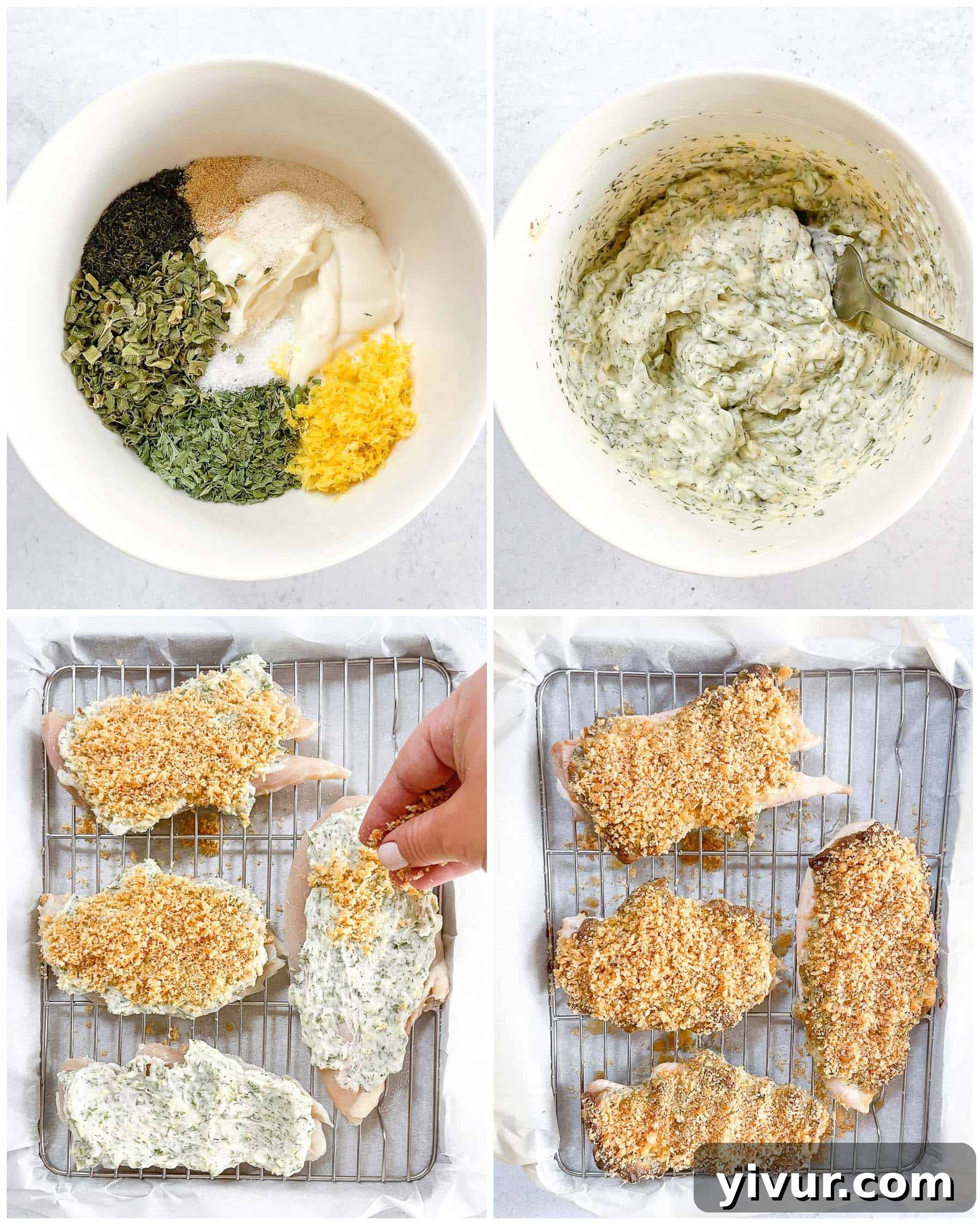 A selection of fresh ingredients and kitchen tools laid out for preparing Keto Crispy Ranch Chicken, including bowls of mayonnaise, dried herbs, and lemon zest, alongside sheet pans.