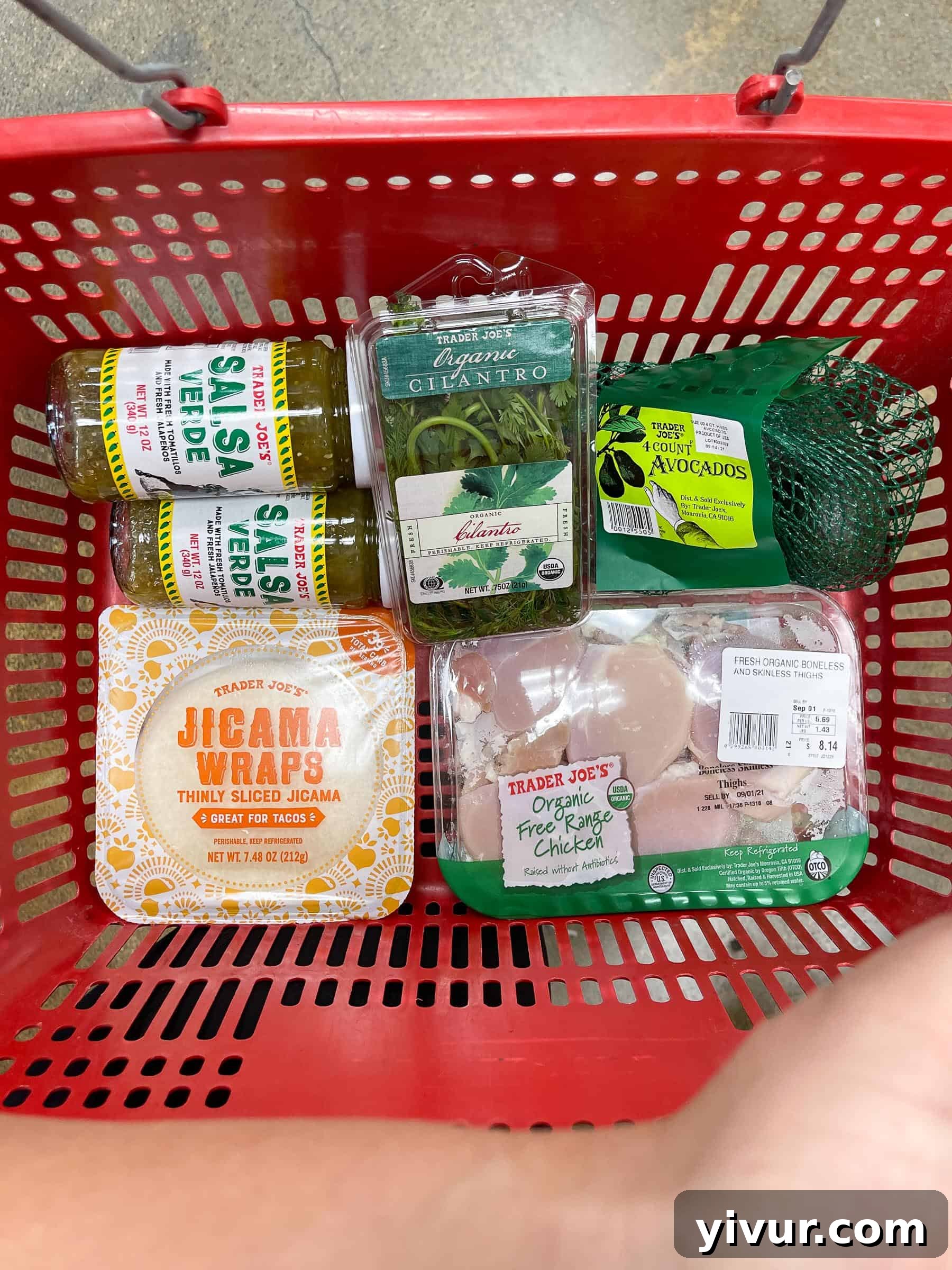 red trader joe's shopping basket with ingredients for keto crispy verde tacos