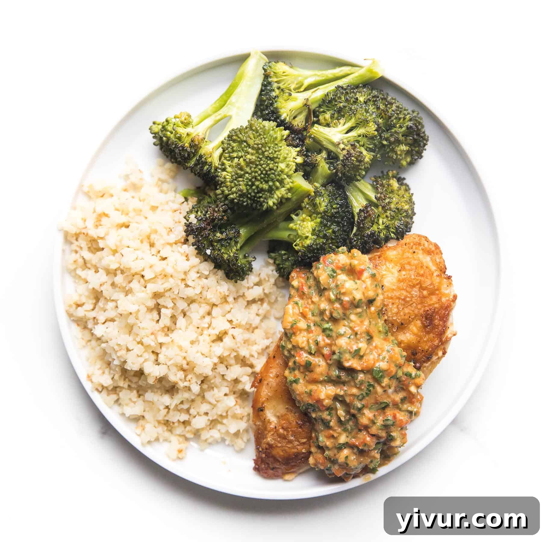 Juicy chicken served with a flavorful Mediterranean salsa made from roasted red peppers, olives, and herbs.