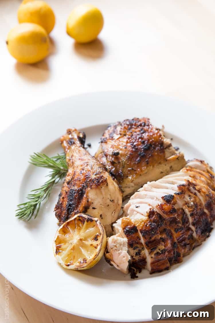 Delicious grilled flattened chicken seasoned with lemon and rosemary, cooked to perfection.