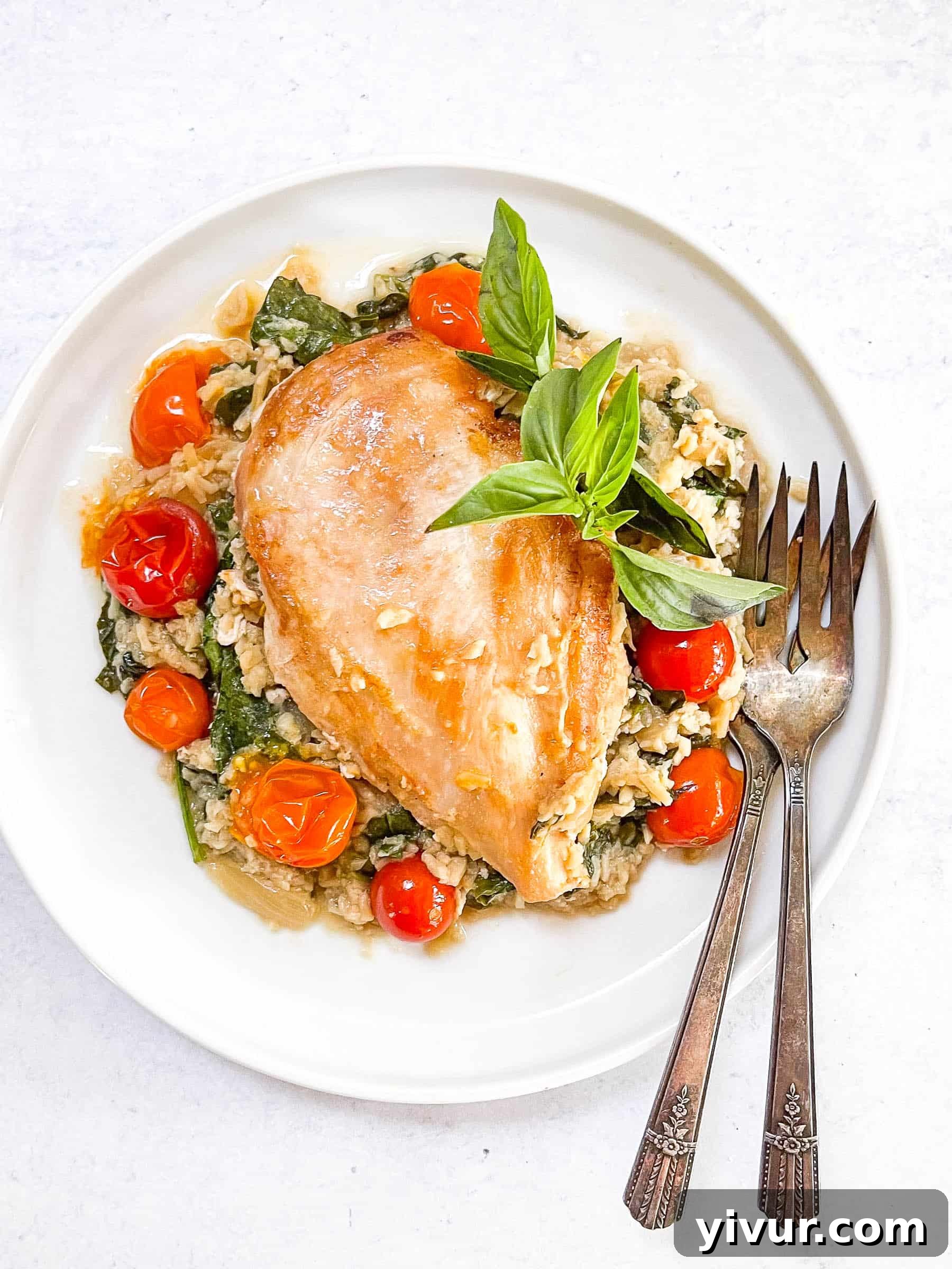 keto creamy chicken and tomato casserole on a white plate with two antique forks and a white background