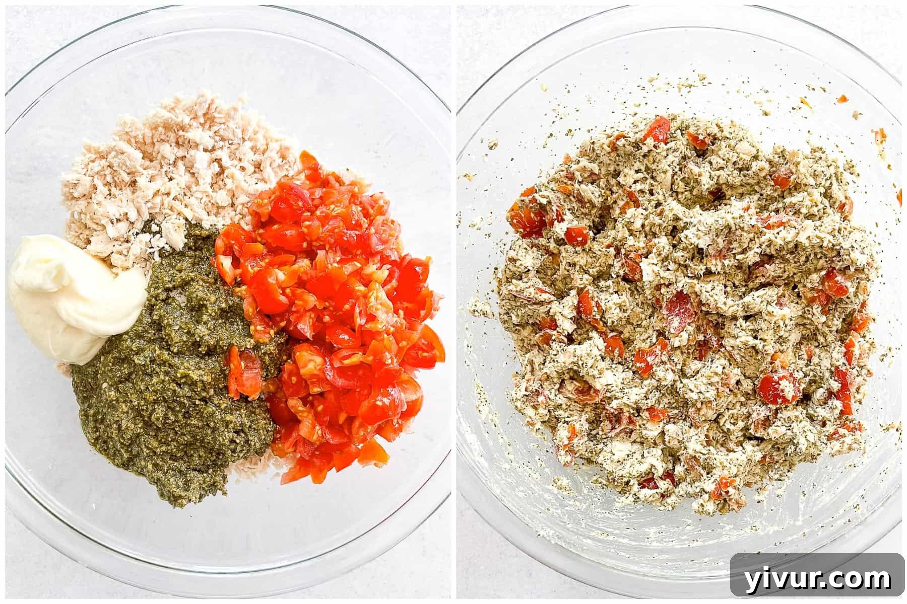 A visual comparison of ingredients for keto pesto chicken salad: on the left, individual ingredients are neatly arranged in a glass bowl; on the right, all ingredients are mixed into a perfectly creamy and vibrant chicken salad within another glass bowl.