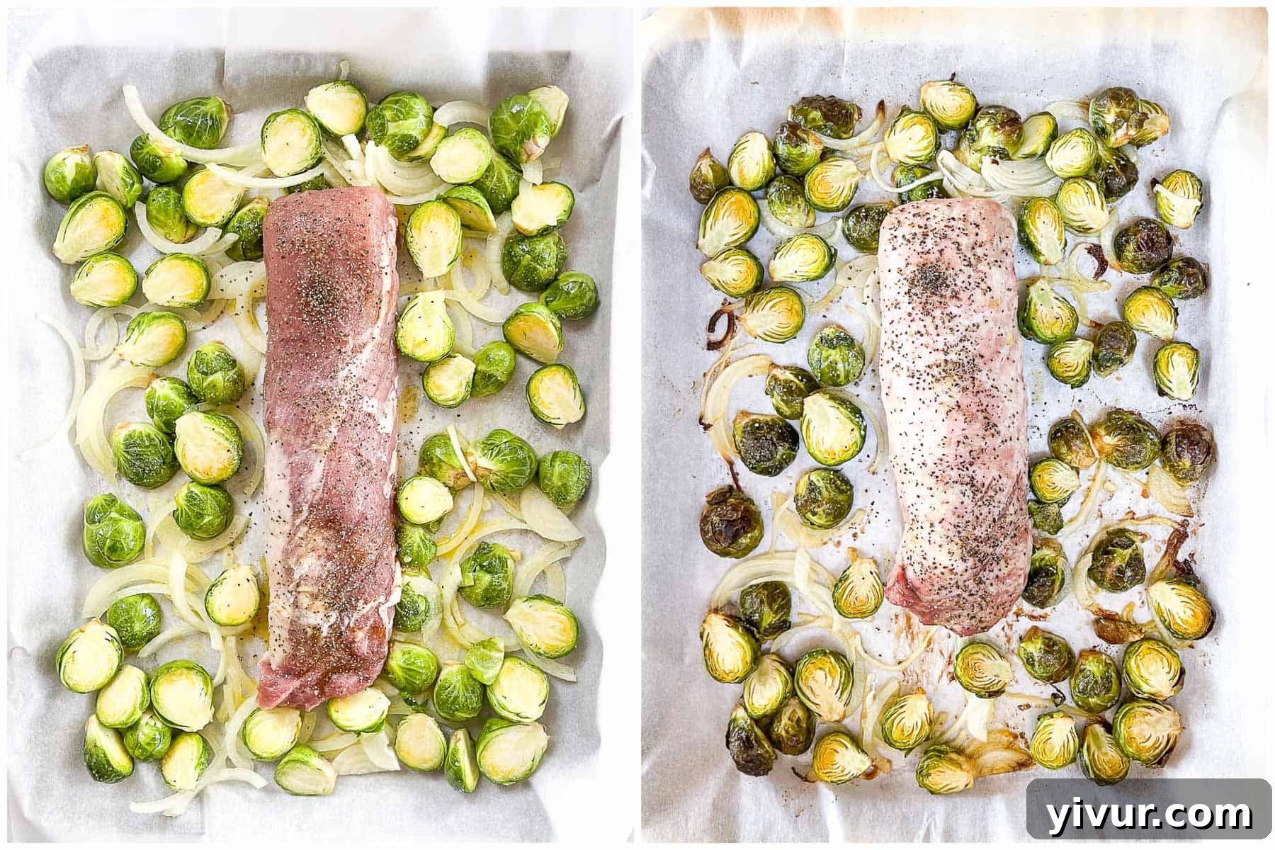 Keto Sheet Pan Pork Tenderloin with Romesco baking on a sheet pan alongside Brussels sprouts, with a bright white background.