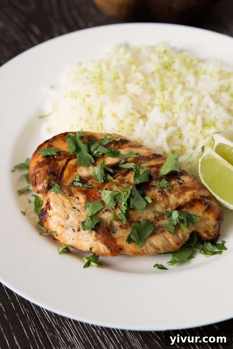 Close-up of grilled Thai Coconut Lime Chicken garnished with fresh cilantro and lime wedges, showcasing its vibrant appeal.