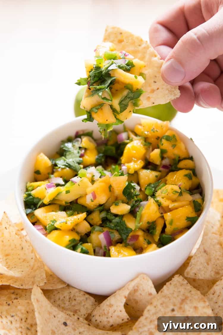 A hand holding a chip topped with vibrant mango papaya salsa