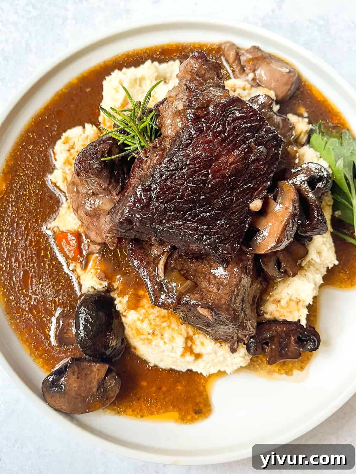 Decadent Red Wine Braised Beef 2 Overhead shot of delicious red wine braised beef with mushrooms on top of mashed cauliflower on a white plate, garnished with fresh herbs.