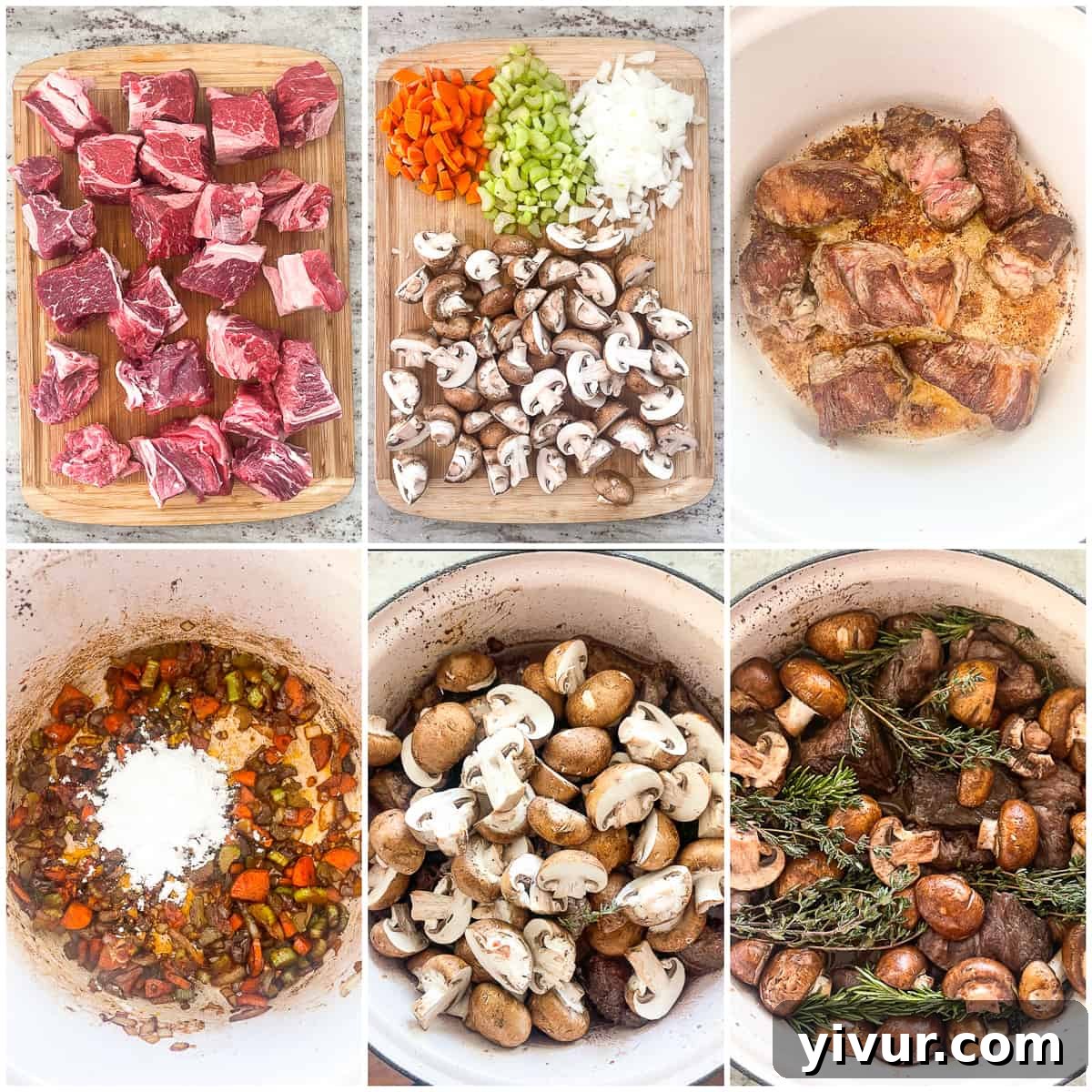 Decadent Red Wine Braised Beef 3 Six quadrants showing the step-by-step instructions on how to make red wine braised beef with mushrooms.