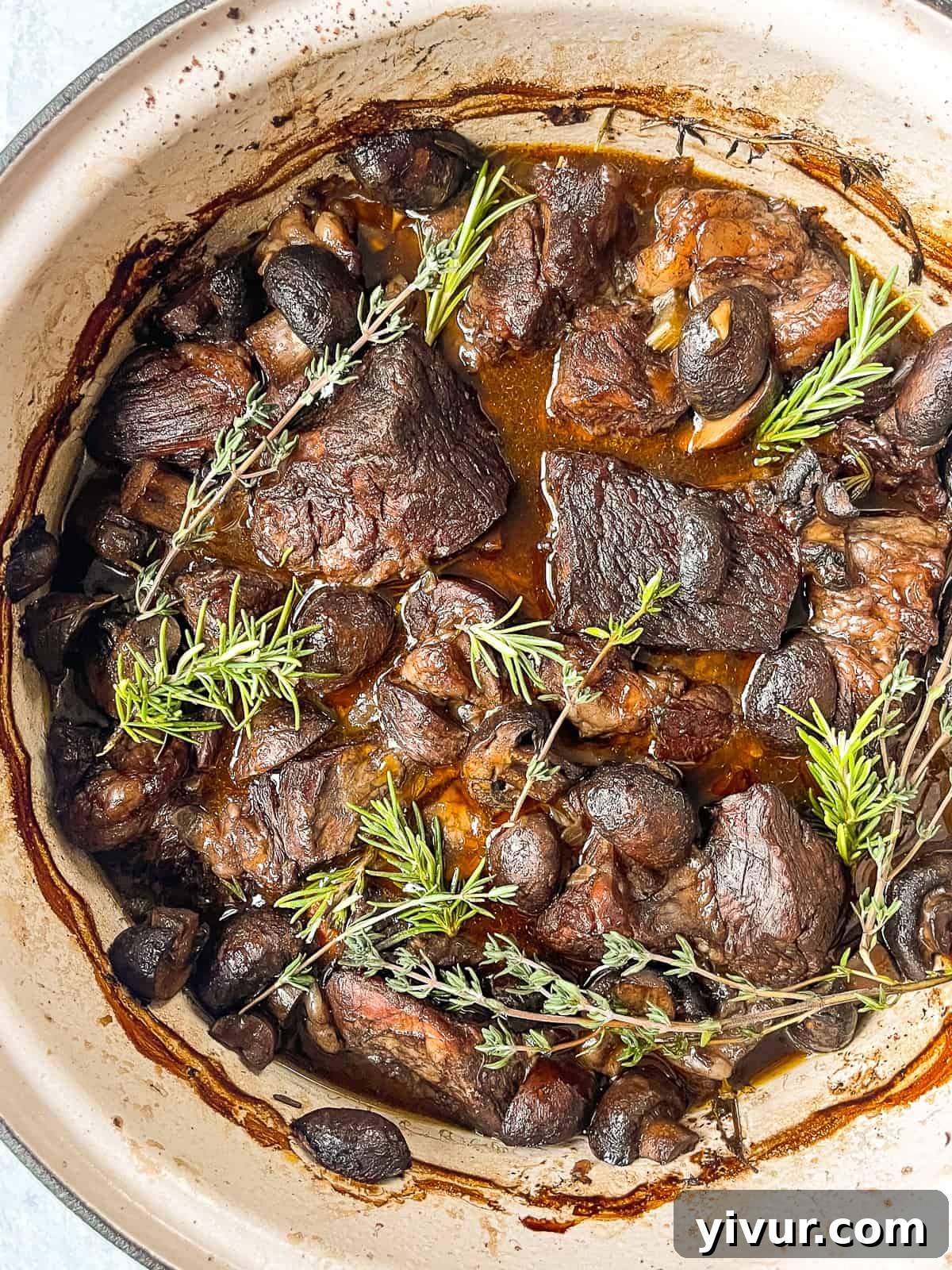 Decadent Red Wine Braised Beef 4 Close-up of red wine braised beef with mushrooms recipe in a Dutch oven, showing the rich sauce and tender meat.