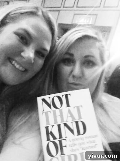 Lena Dunham speaking at a book tour event, captured mid-sentence with an engaging expression, surrounded by a thoughtful audience, radiating authenticity.