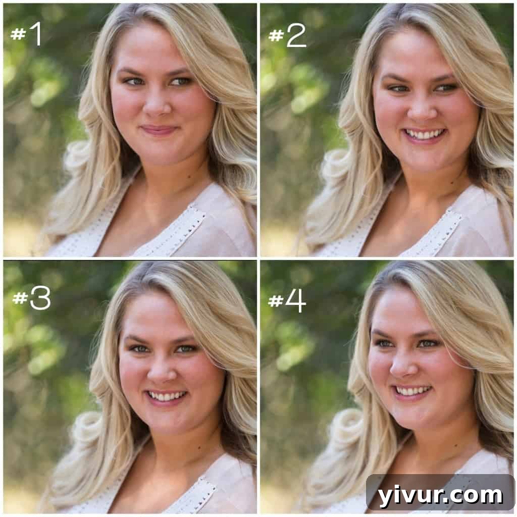 Four distinct but subtly different headshots of a woman smiling warmly, presented for selection as a new blog profile picture, showcasing varied expressions and angles.